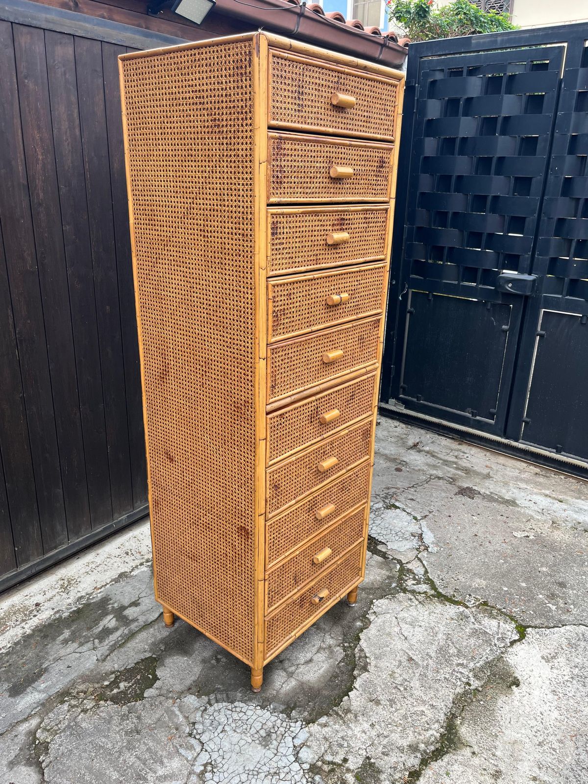 Mid Century Italian 10 Drawer Rattan And Bamboo Chest Of Drawers, 1960s photo vintage