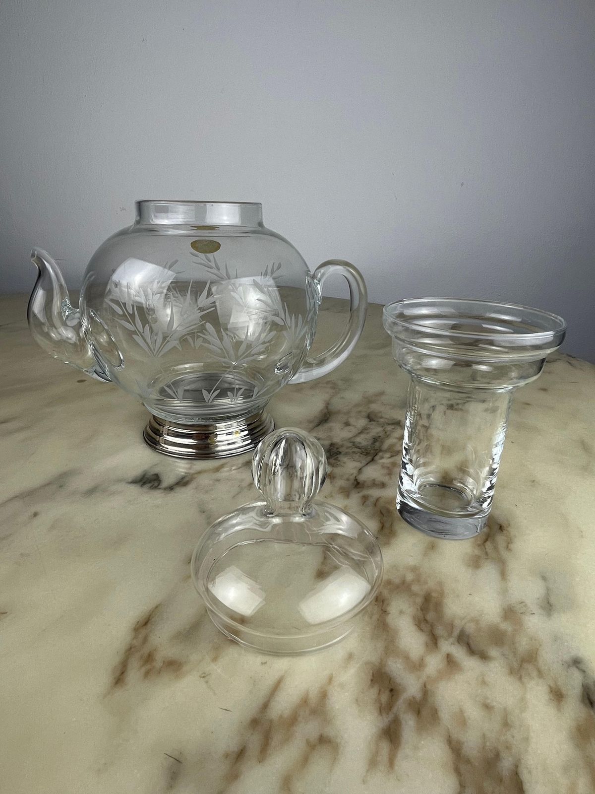 Vintage Hand Engraved Crystal Carafe, With Ice Bucket And 800 Silver Base, 1980s photo Home Decor
