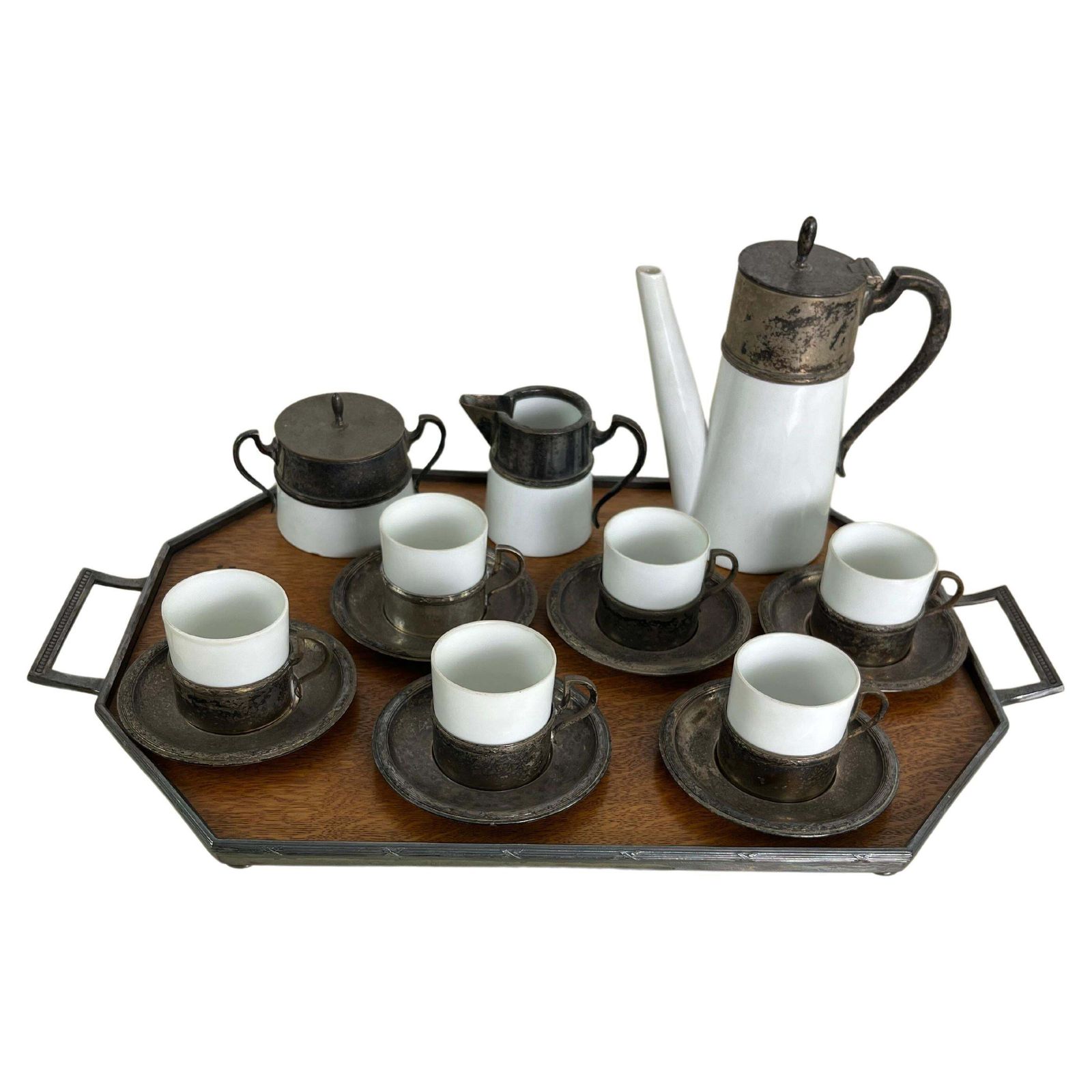 Art Deco Coffee Set For Six In Ceramic, Metal And Wood 1940s