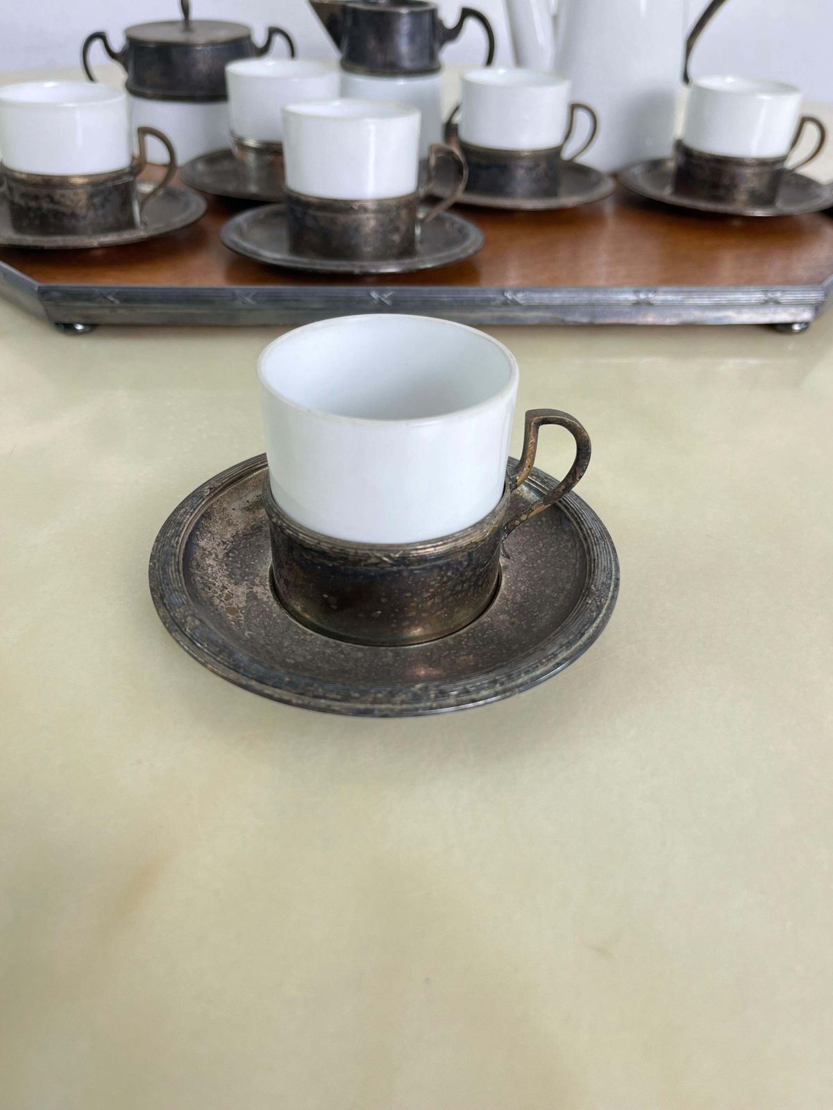Art Deco Coffee Set For Six In Ceramic, Metal And Wood 1940s photo Home Decor