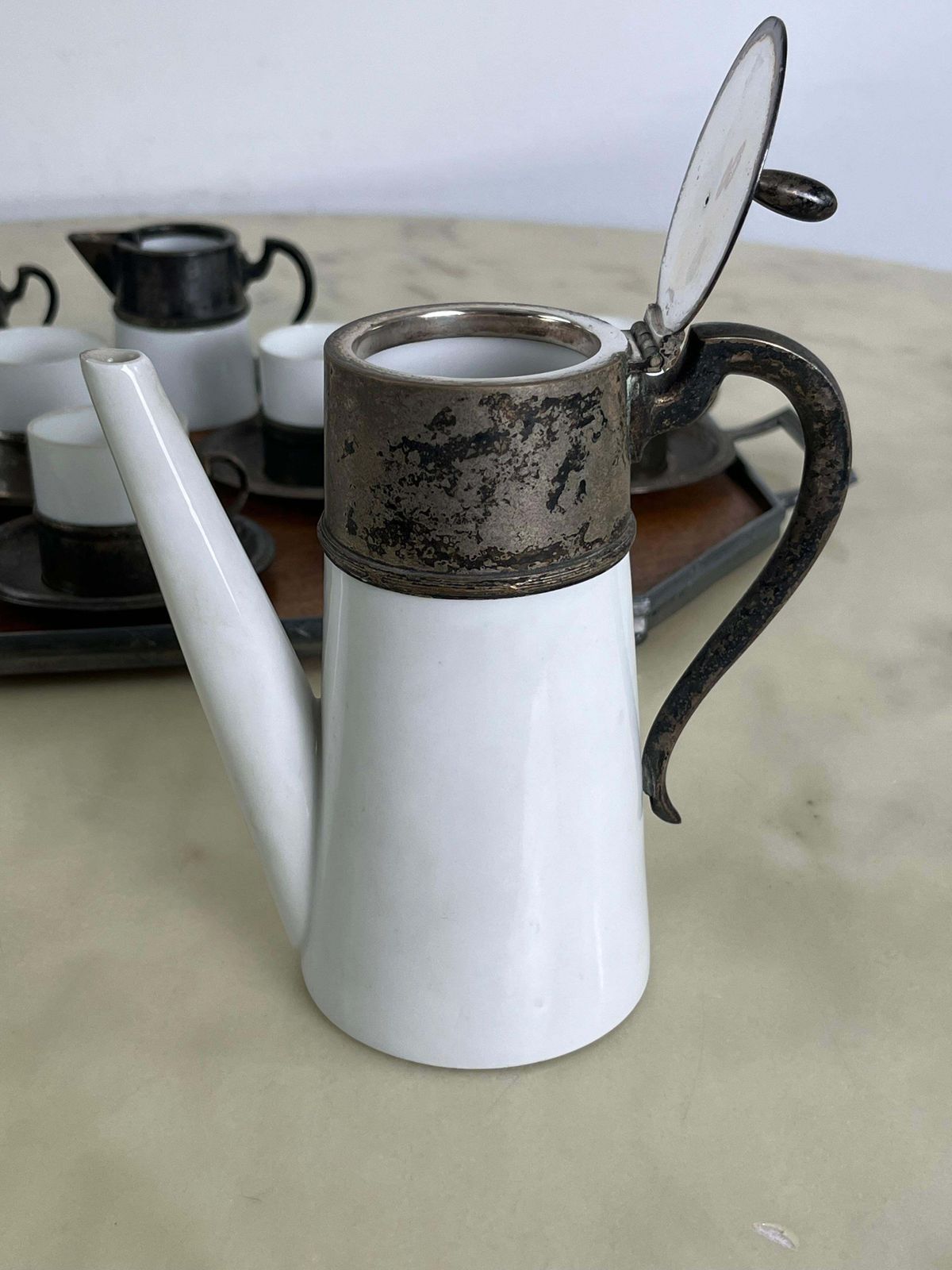 Art Deco Coffee Set For Six In Ceramic, Metal And Wood 1940s photo vinterior