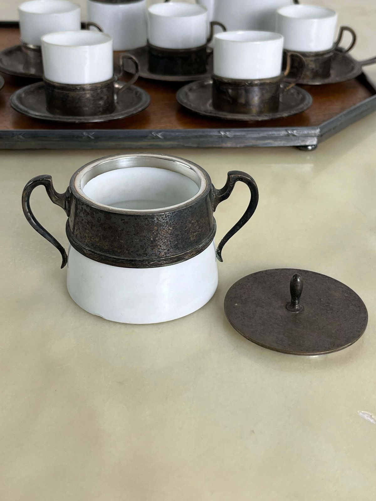 Art Deco Coffee Set For Six In Ceramic, Metal And Wood 1940s photo vintage