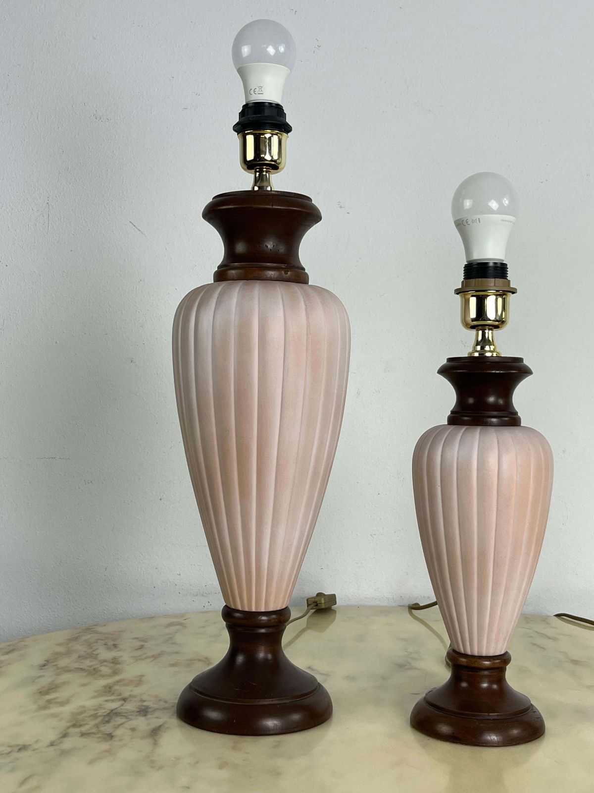 Set Of 3 Mid Century Italian Table Lamps In Wood And Ceramic 1960s photo Lighting