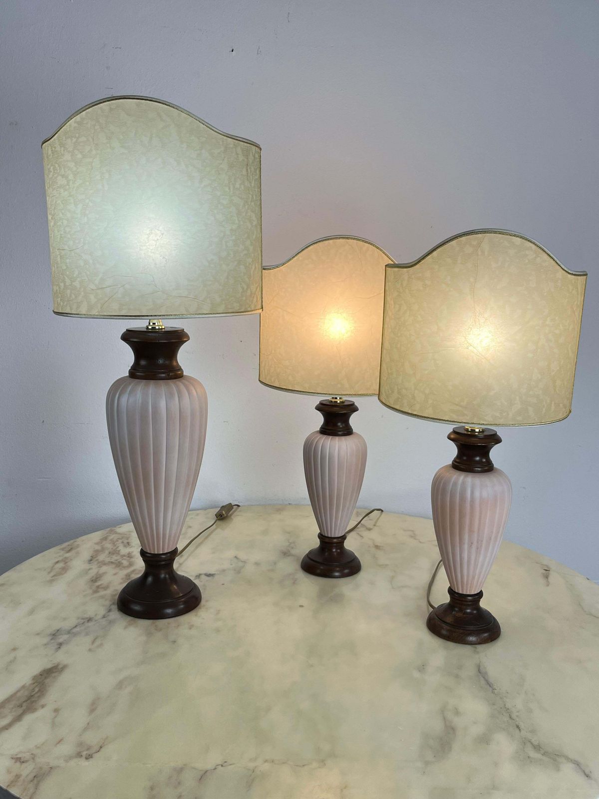 Set Of 3 Mid Century Italian Table Lamps In Wood And Ceramic 1960s photo vintage