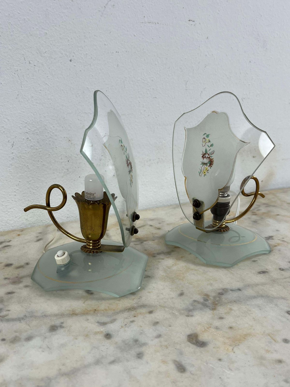 photo for sale Set Of 2 Glass And Brass Bedside Lamps, In The Style Of Pietro Chiesa, 1950s