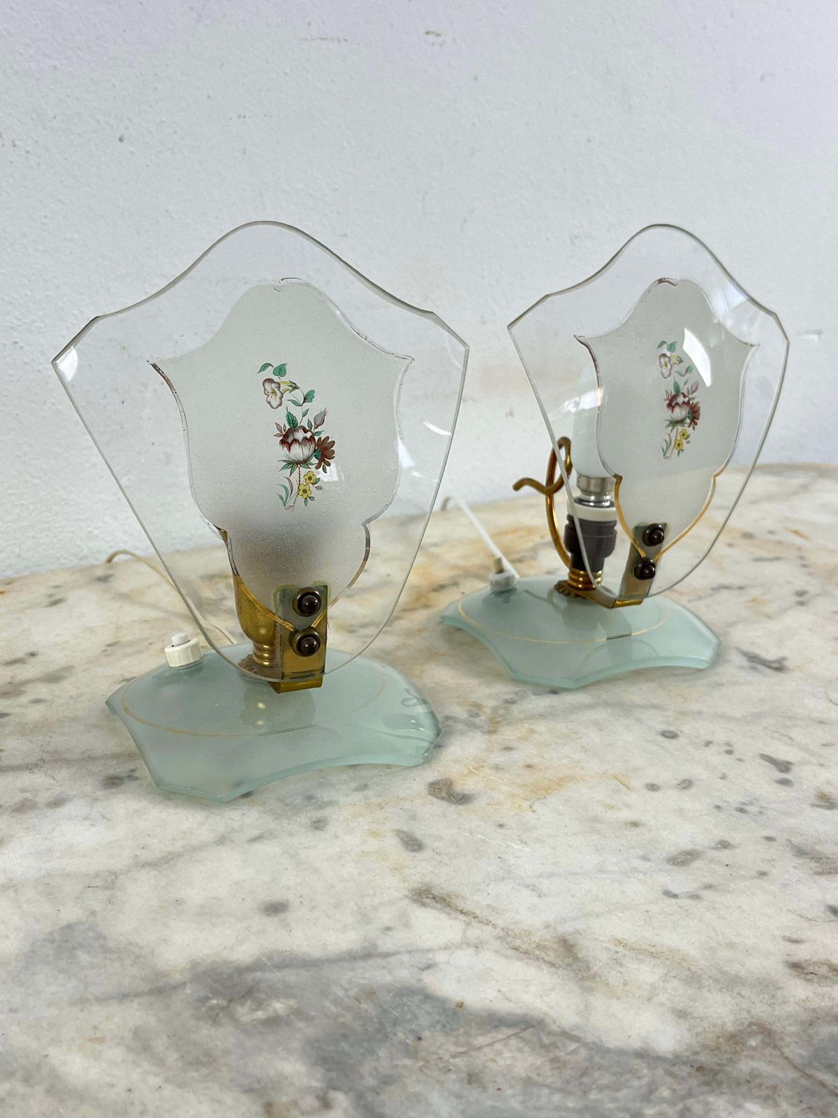 Lighting Set Of 2 Glass And Brass Bedside Lamps, In The Style Of Pietro Chiesa, 1950s photo