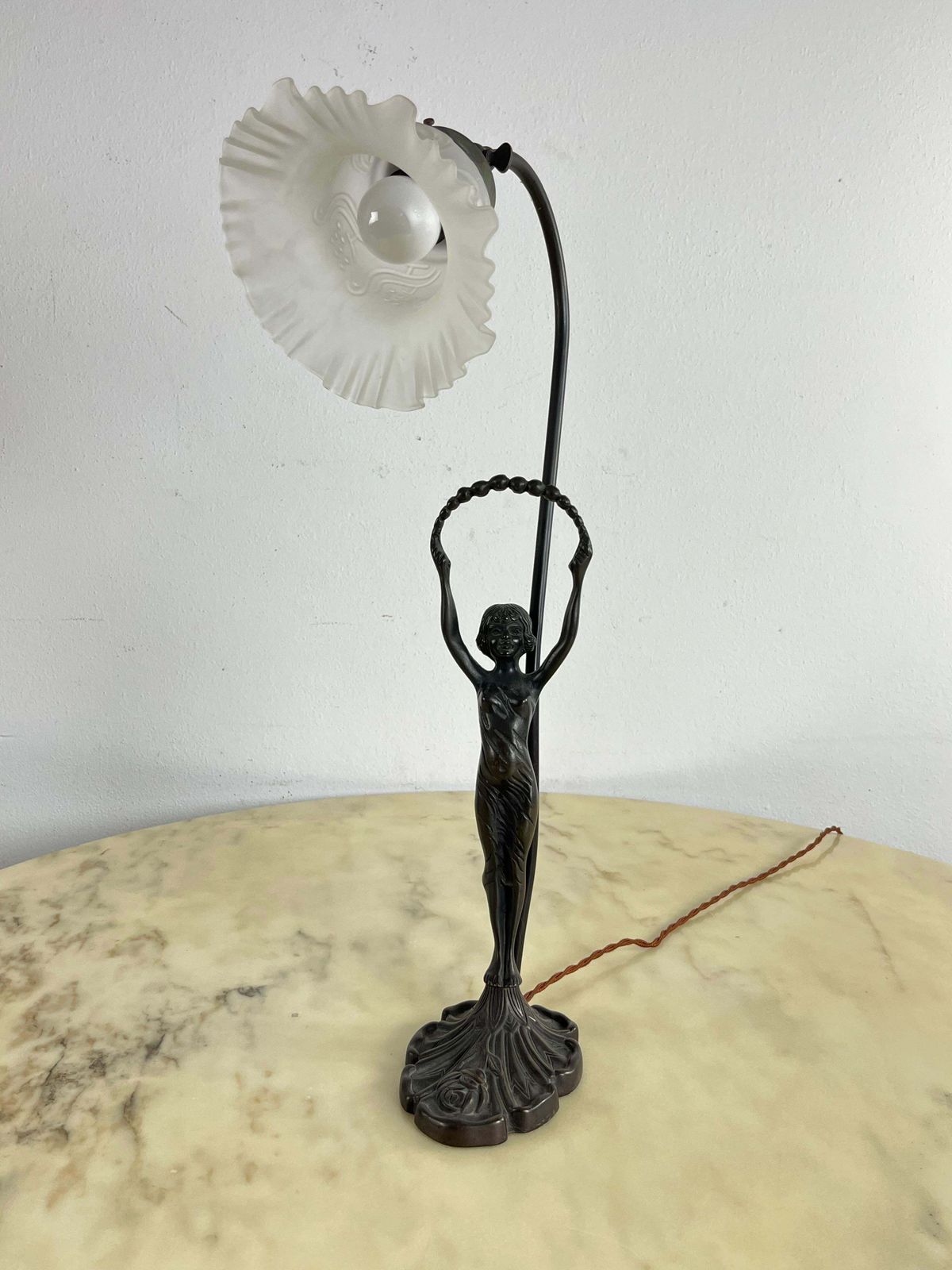 Table Lamp With Art Deco Bronze Statuette And White Art Glass Tulip Bowl 1940s photo buy