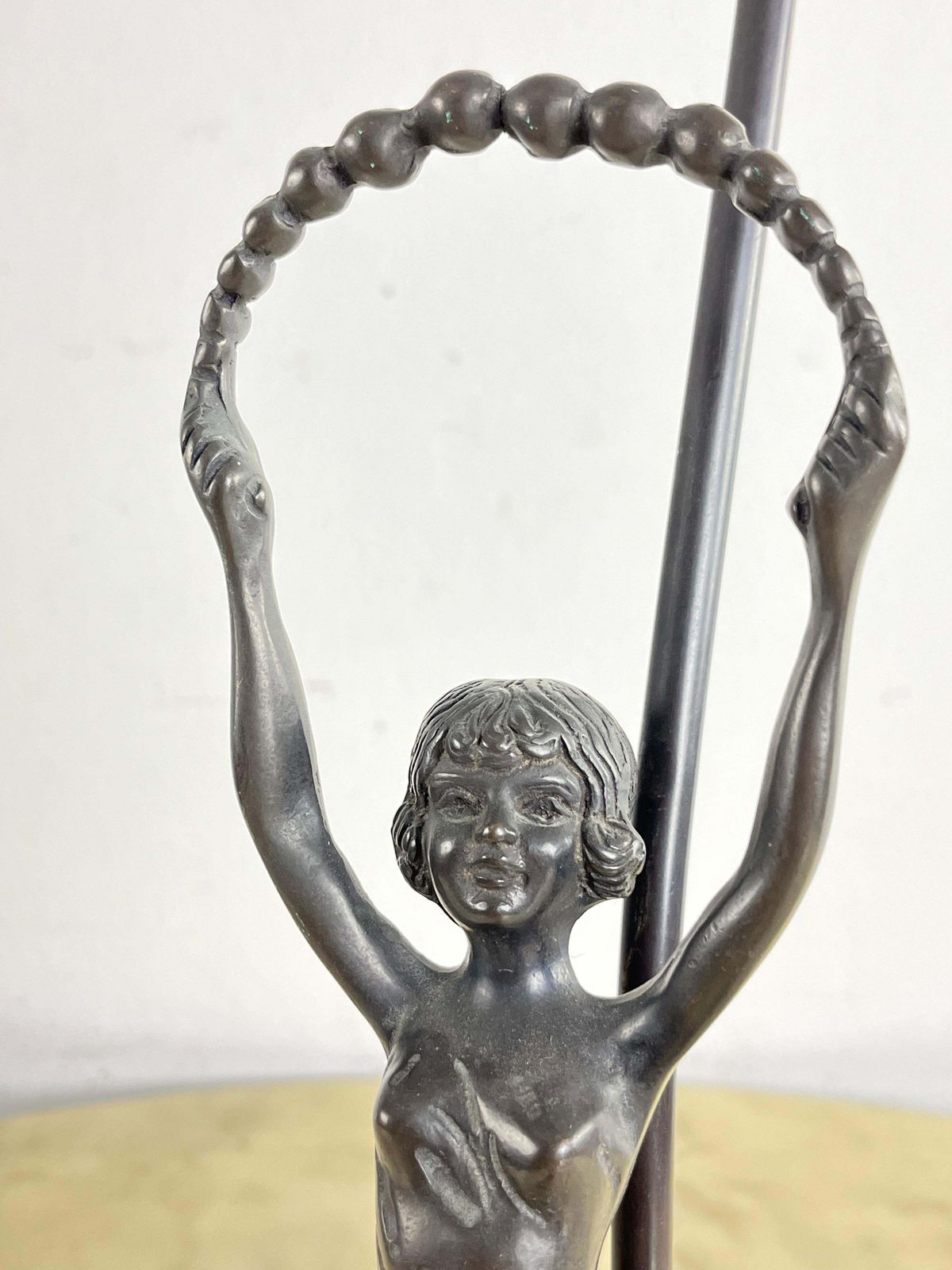 photo for sale Table Lamp With Art Deco Bronze Statuette And White Art Glass Tulip Bowl 1940s