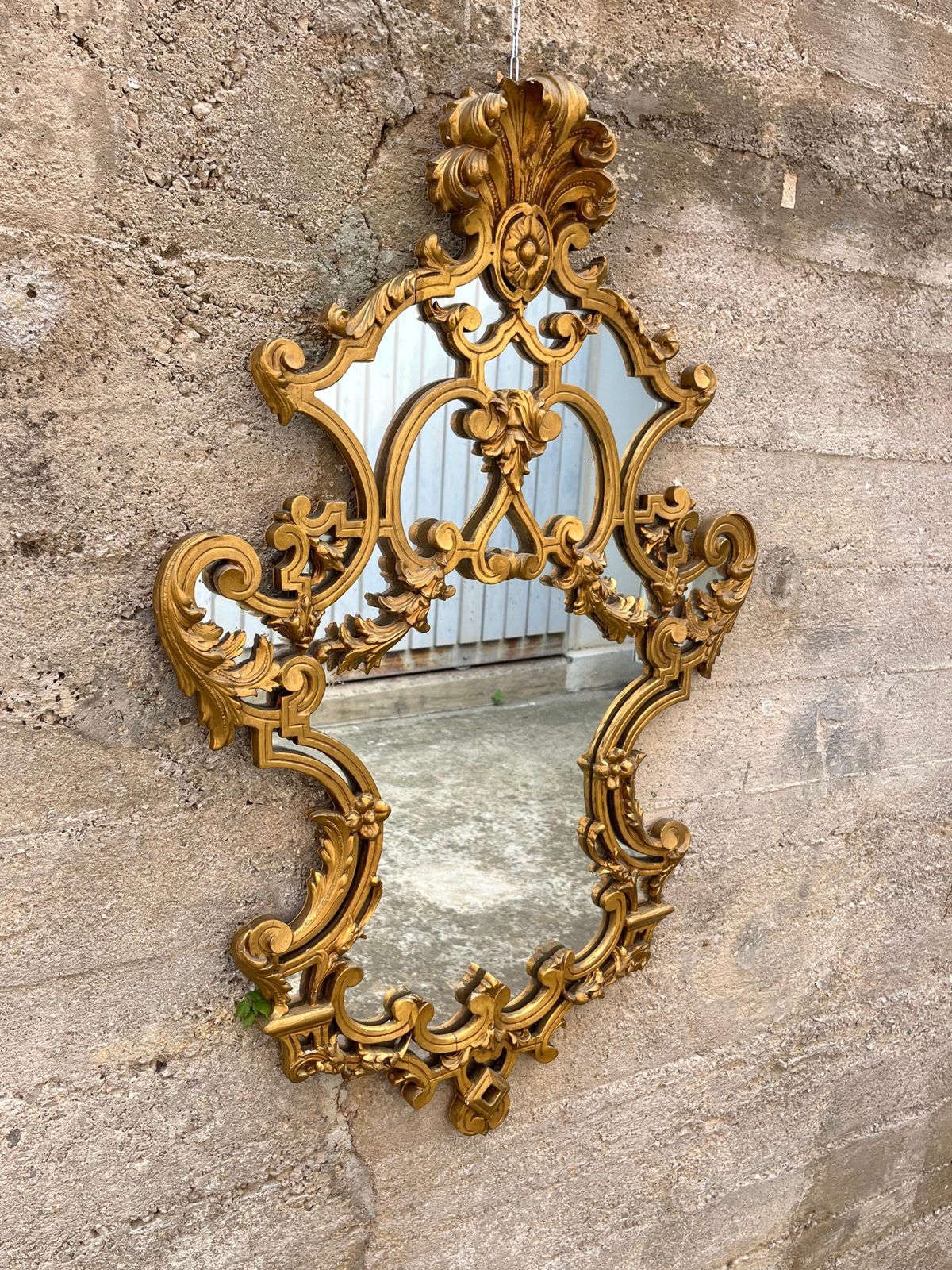 Particular Mid Century French Wall Mirror In Gilded Wood, 1950s photo vintage