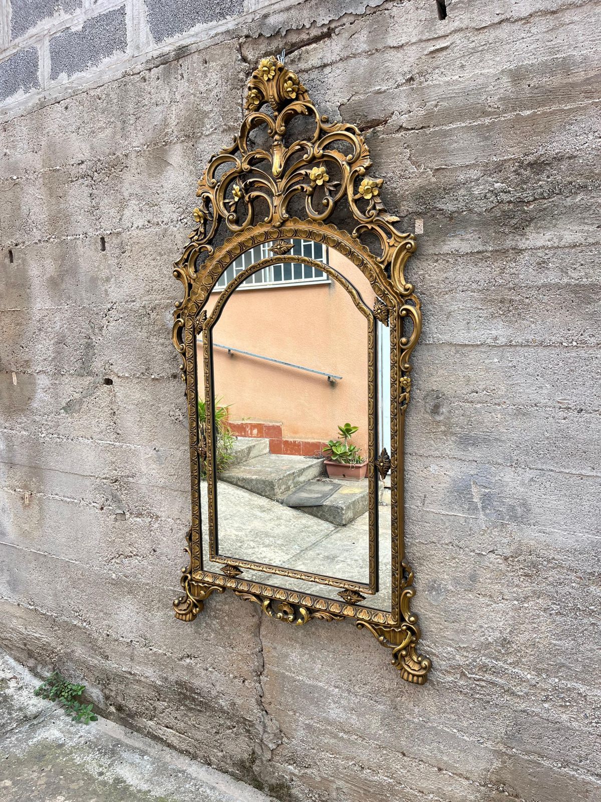 Large Mid Century French Golden Wood Wall Mirror, 1950s photo vintage
