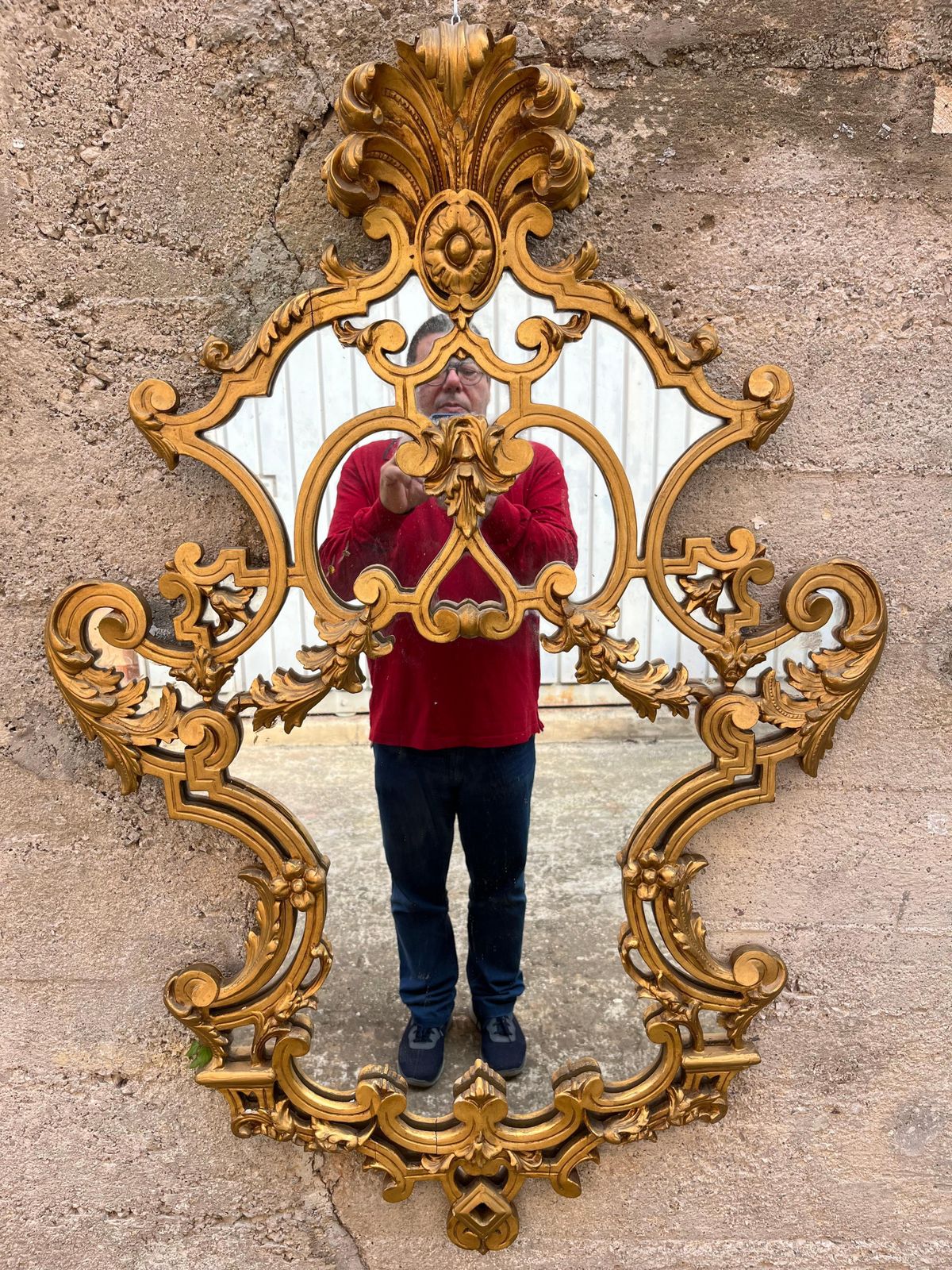 1878.0 Particular Mid Century French Wall Mirror In Gilded Wood, 1950s photo