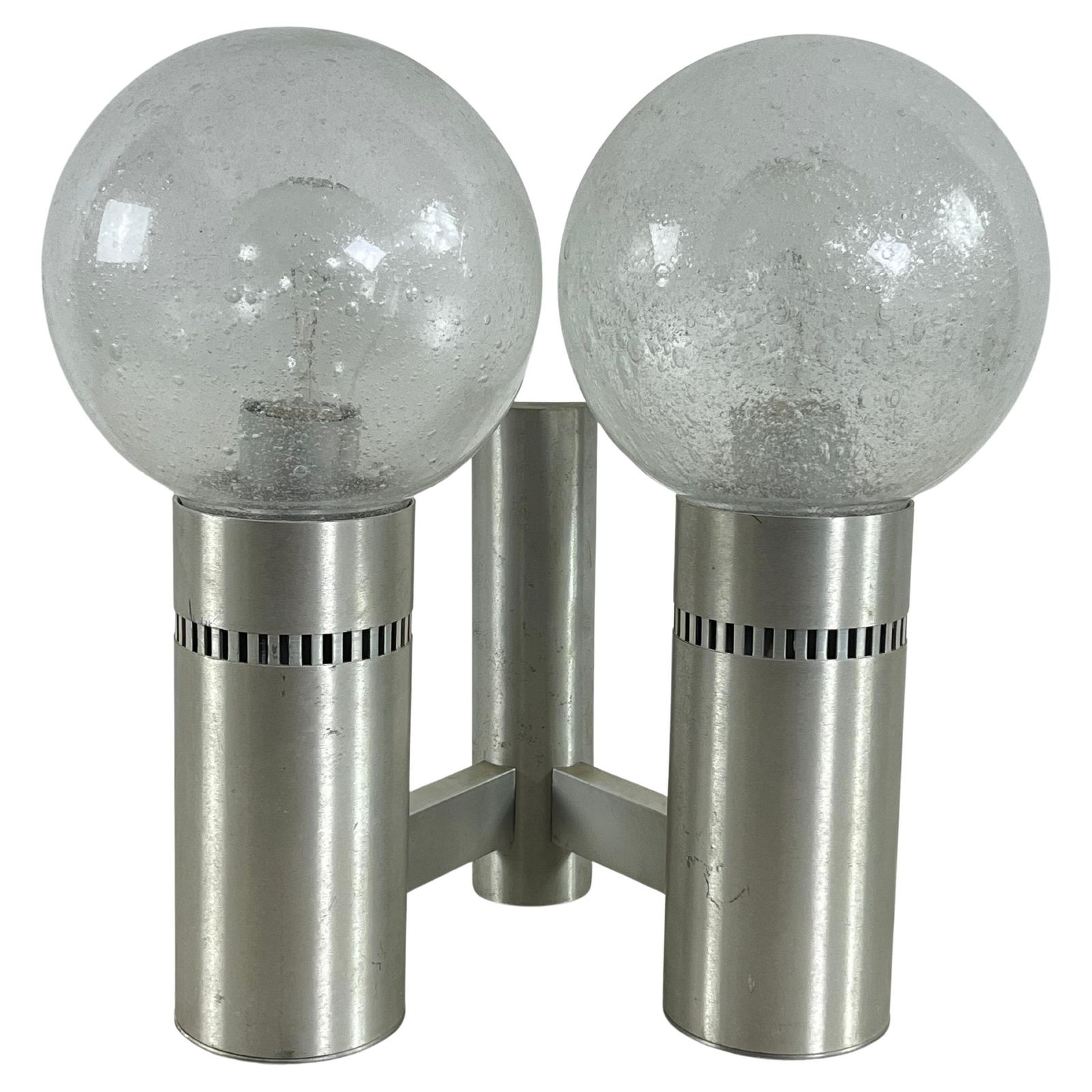 2 Light Brushed Steel And Glass Wall Lamp, Made In Italy 1970s