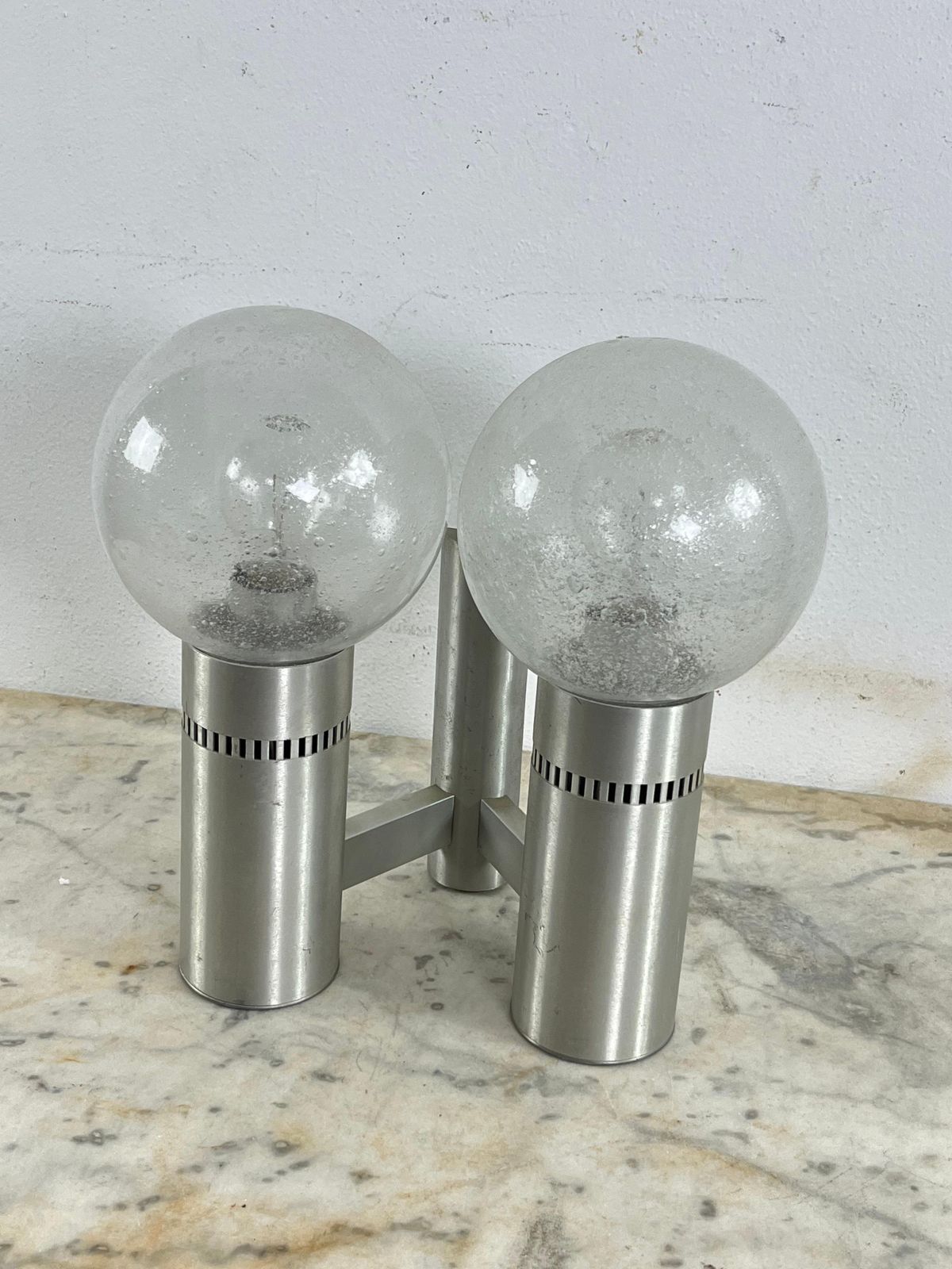 2 Light Brushed Steel And Glass Wall Lamp, Made In Italy 1970s photo for sale