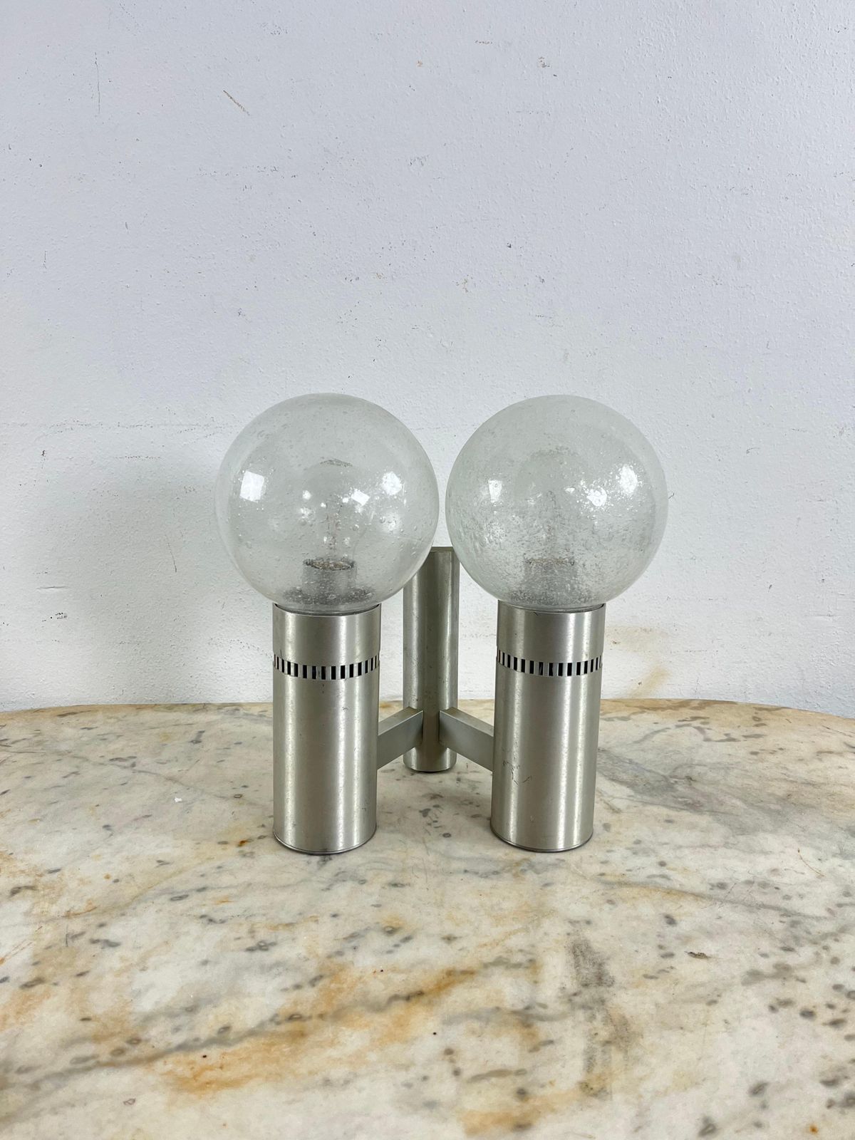 2 Light Brushed Steel And Glass Wall Lamp, Made In Italy 1970s photo Lighting
