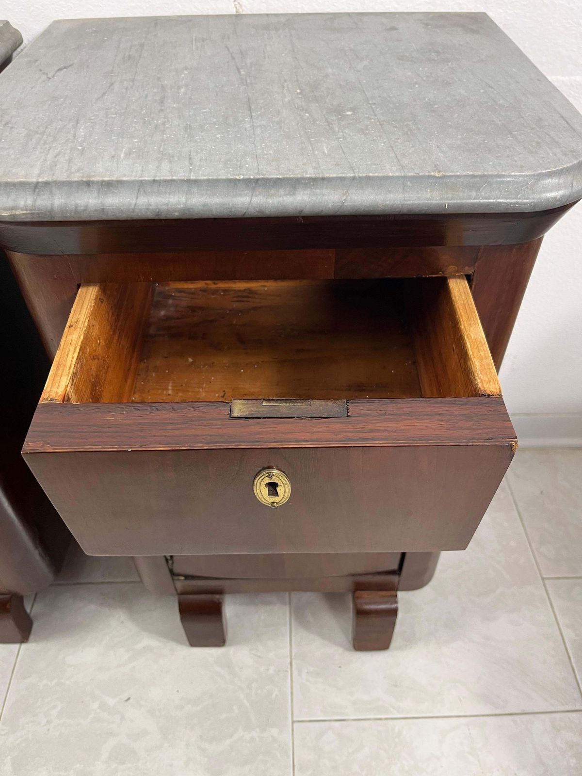 photo buy Set Of 2 Little Mid Century Italian Gray Marble Top Nightstands, 1940s
