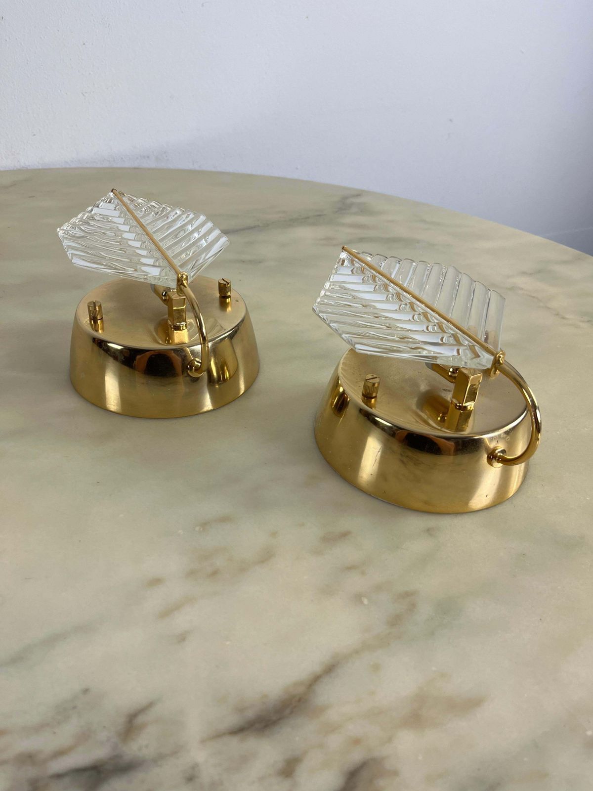 Set Of 2 Wall Lamps In Brass And Murano Glass, Zero Quattro 1970s photo vintage
