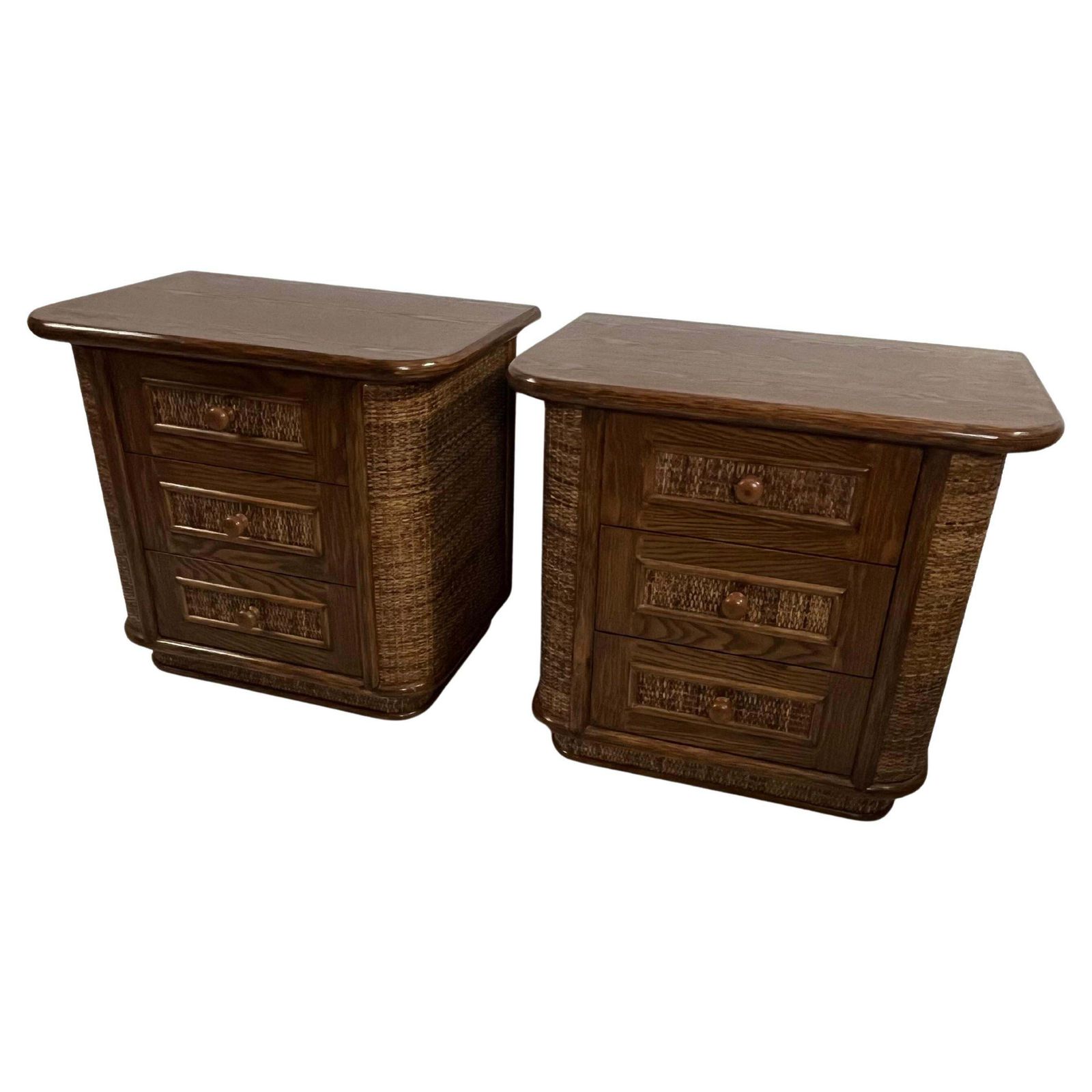 Set Of 2 Wood And Rattan Bedside Tables, Made In Italy 1970s photo furniture
