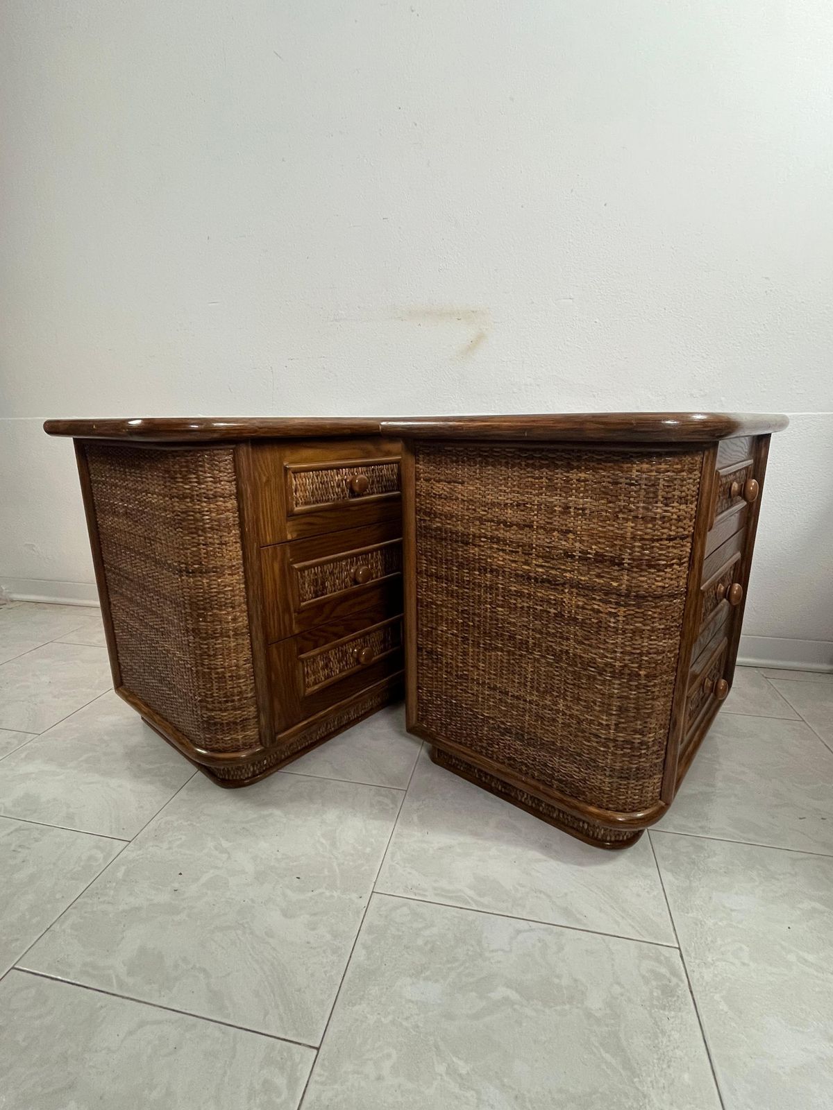 photo for sale Set Of 2 Wood And Rattan Bedside Tables, Made In Italy 1970s
