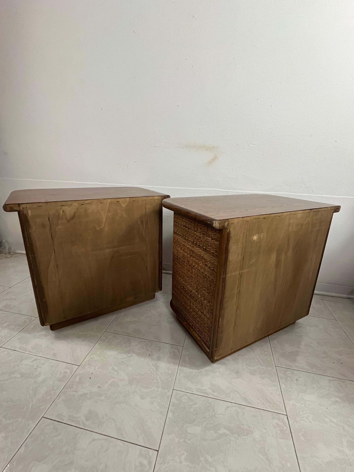 Furniture Set Of 2 Wood And Rattan Bedside Tables, Made In Italy 1970s photo