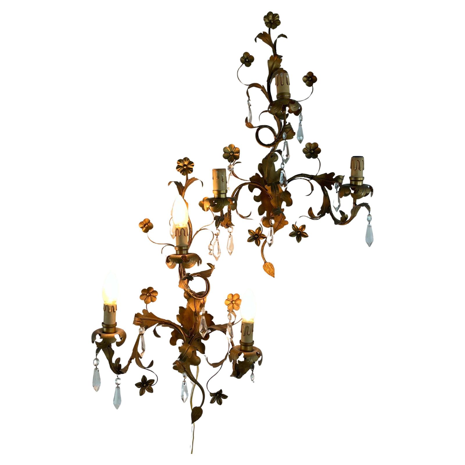Set Of 2 Mid Century French Wrought Iron And Crystal Wall Lamps, 1950s