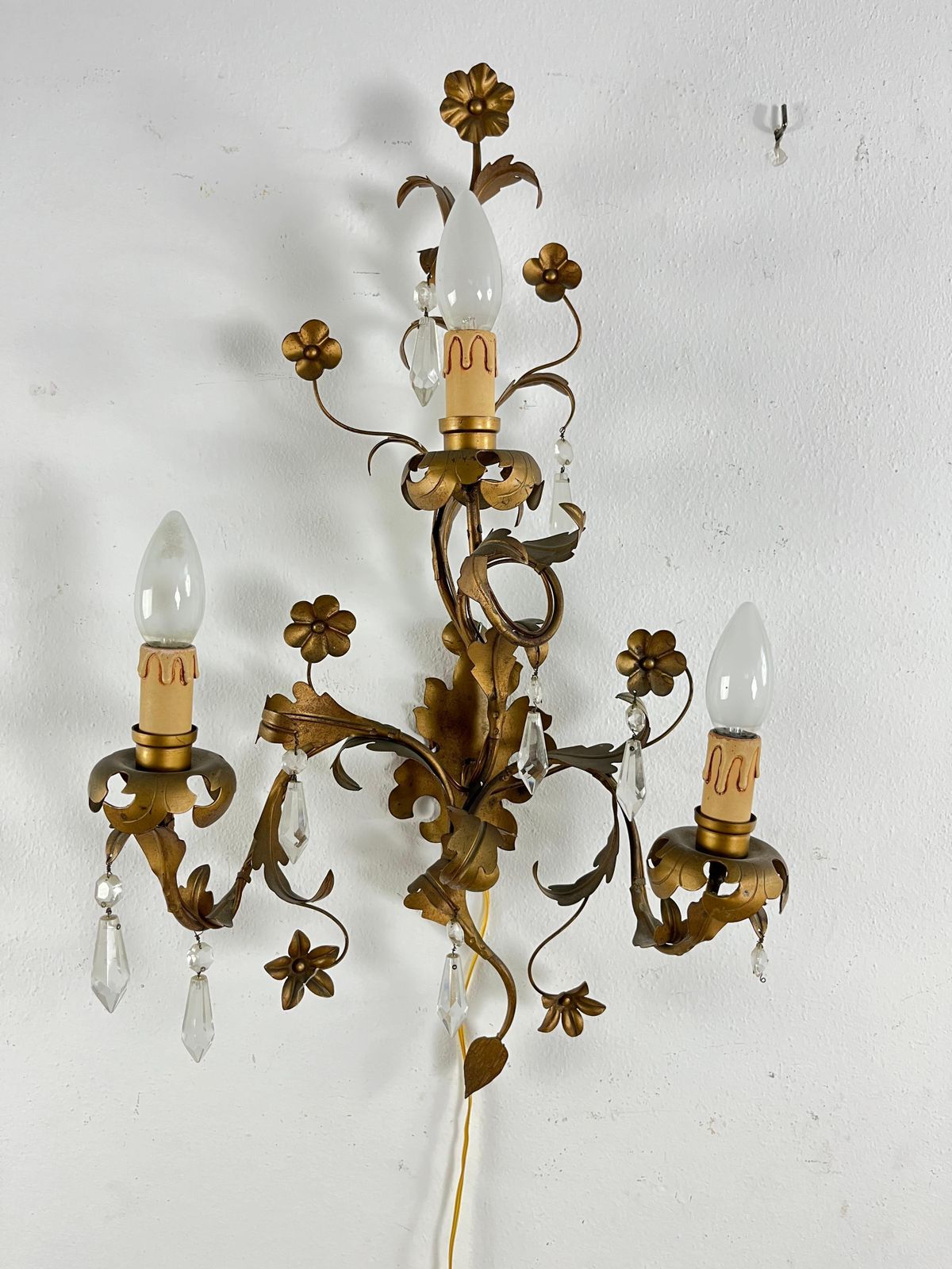 Set Of 2 Mid Century French Wrought Iron And Crystal Wall Lamps, 1950s photo 1025.0