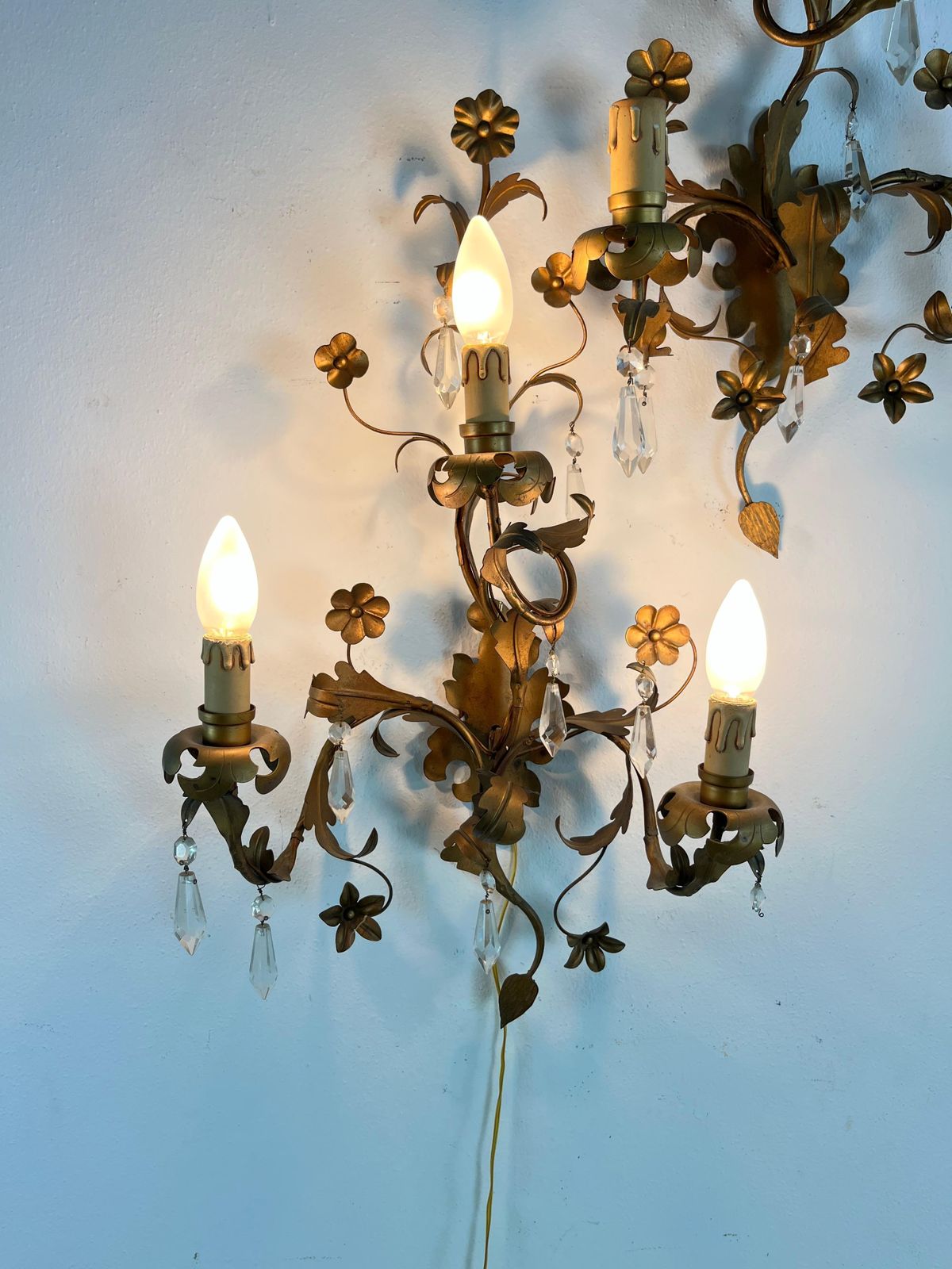 Set Of 2 Mid Century French Wrought Iron And Crystal Wall Lamps, 1950s photo vinterior