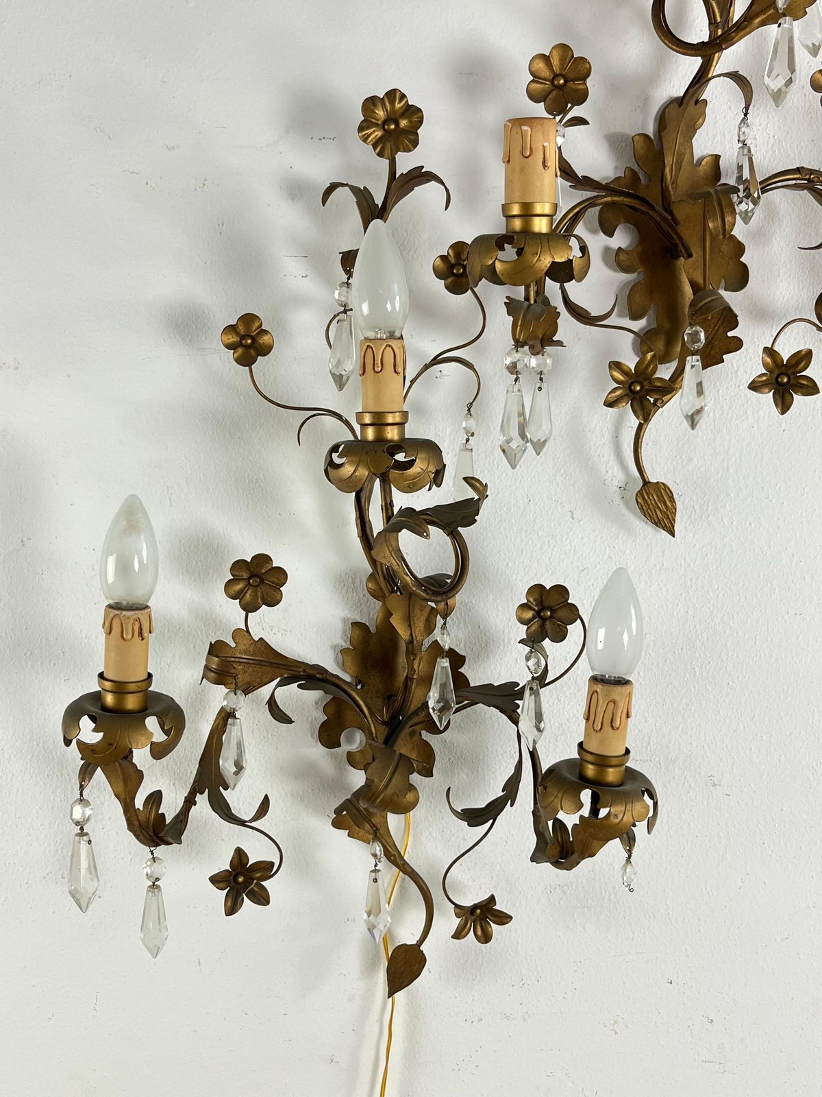 Set Of 2 Mid Century French Wrought Iron And Crystal Wall Lamps, 1950s photo buy