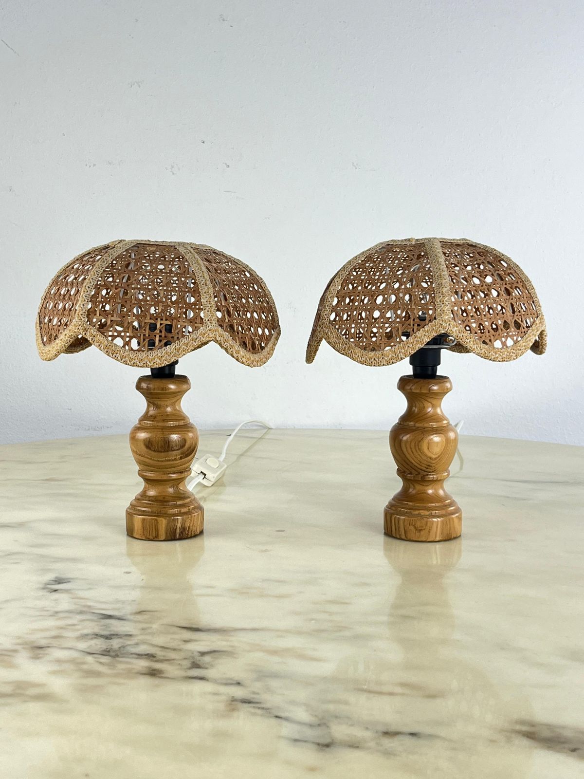 Pair Of Mid Century French Riviera Table Lamps In Wicker And Rattan 1960s photo for sale