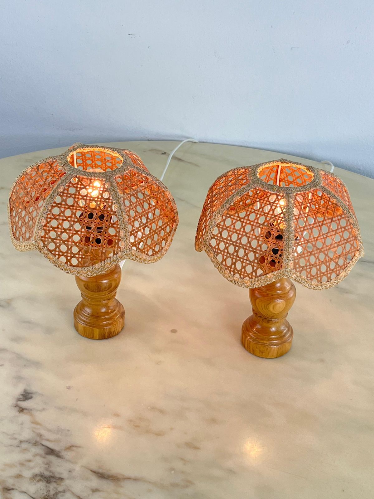 Pair Of Mid Century French Riviera Table Lamps In Wicker And Rattan 1960s photo vinterior