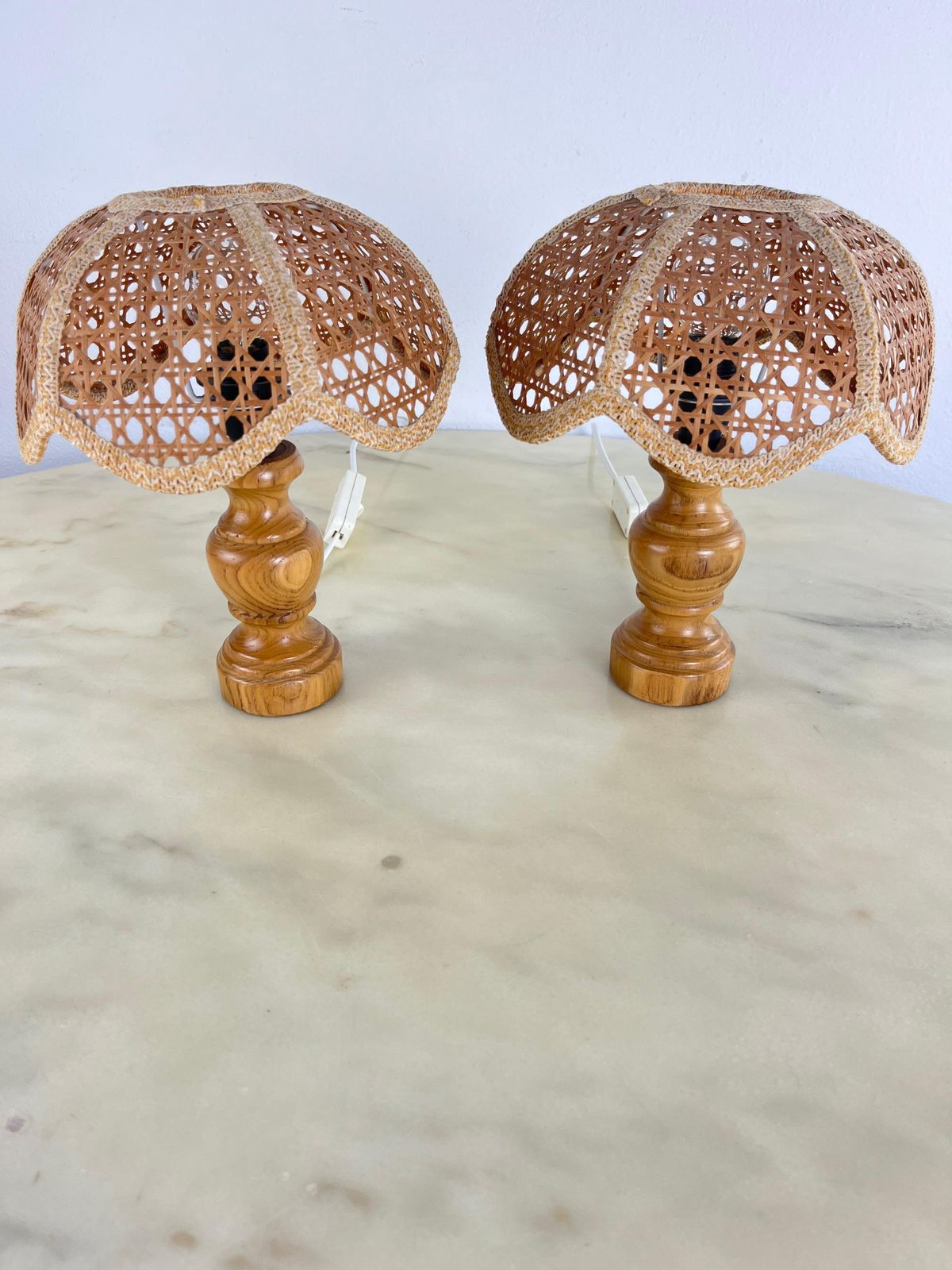 Pair Of Mid Century French Riviera Table Lamps In Wicker And Rattan 1960s photo vintage