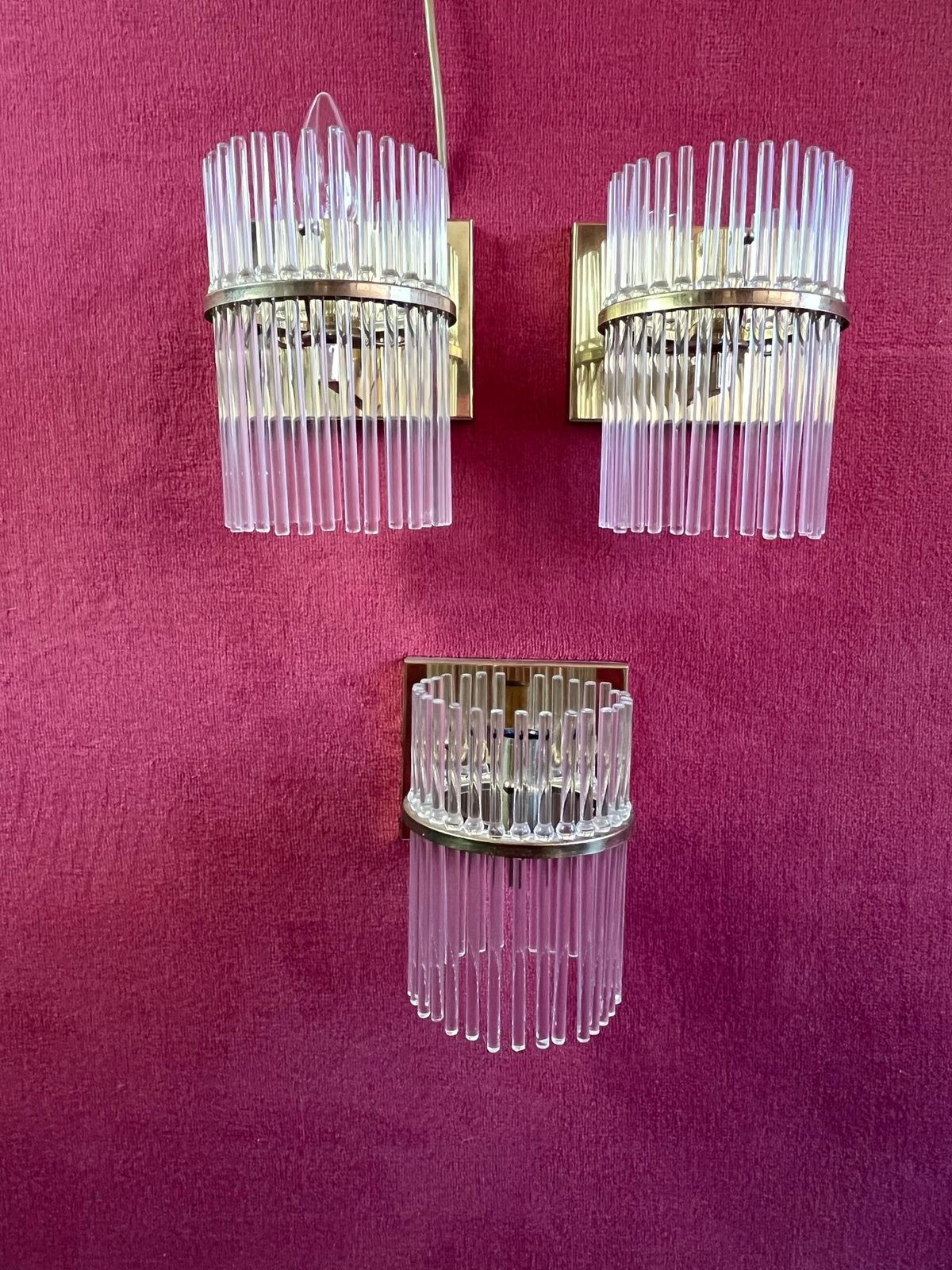 photo for sale Set Of 3 Sciolari Brass And Murano Glass Wall Lamps Sconces  Mid Century 1960s