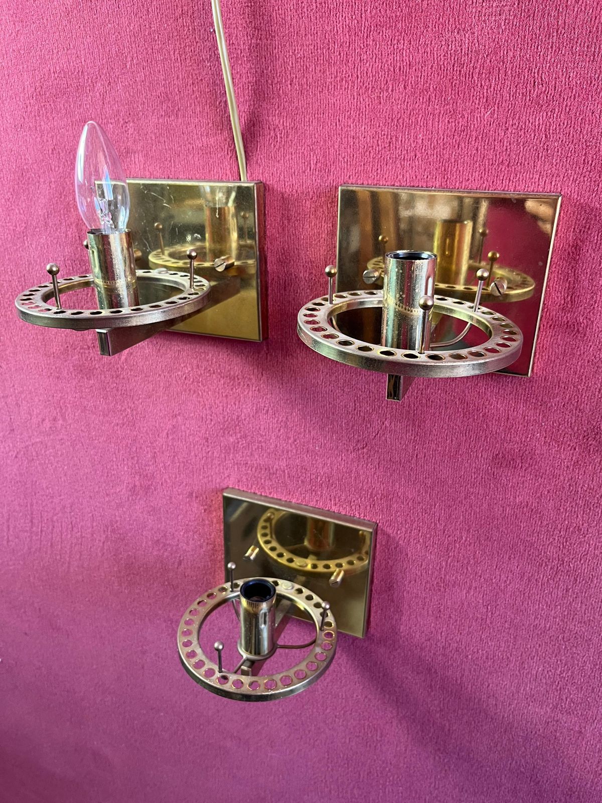 Lighting Set Of 3 Sciolari Brass And Murano Glass Wall Lamps Sconces  Mid Century 1960s photo