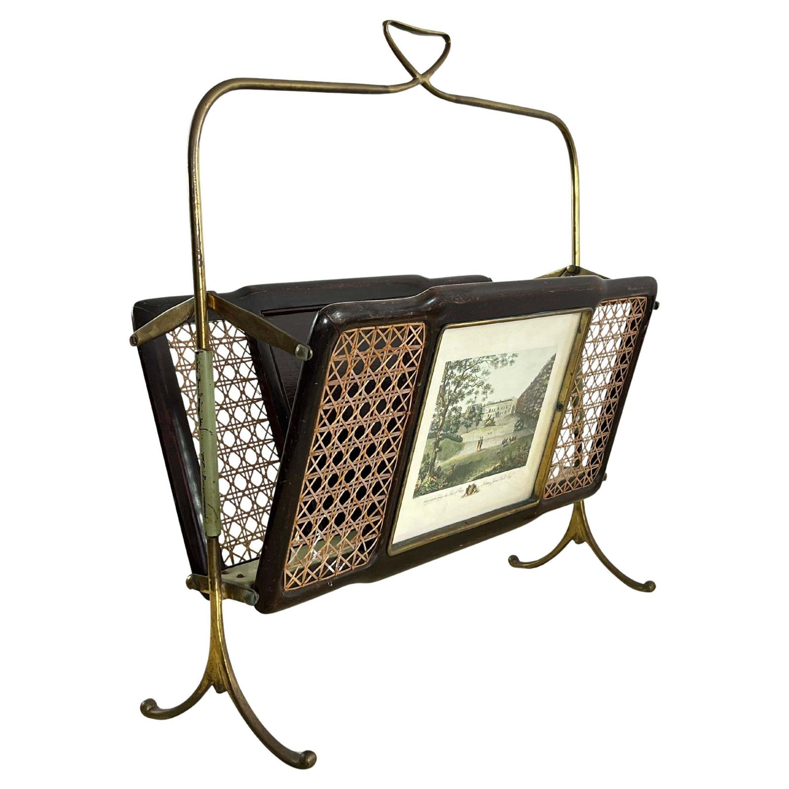 Mid Century Folding Magazine Rack In Brass, Wood And Vienna Straw, 1940s