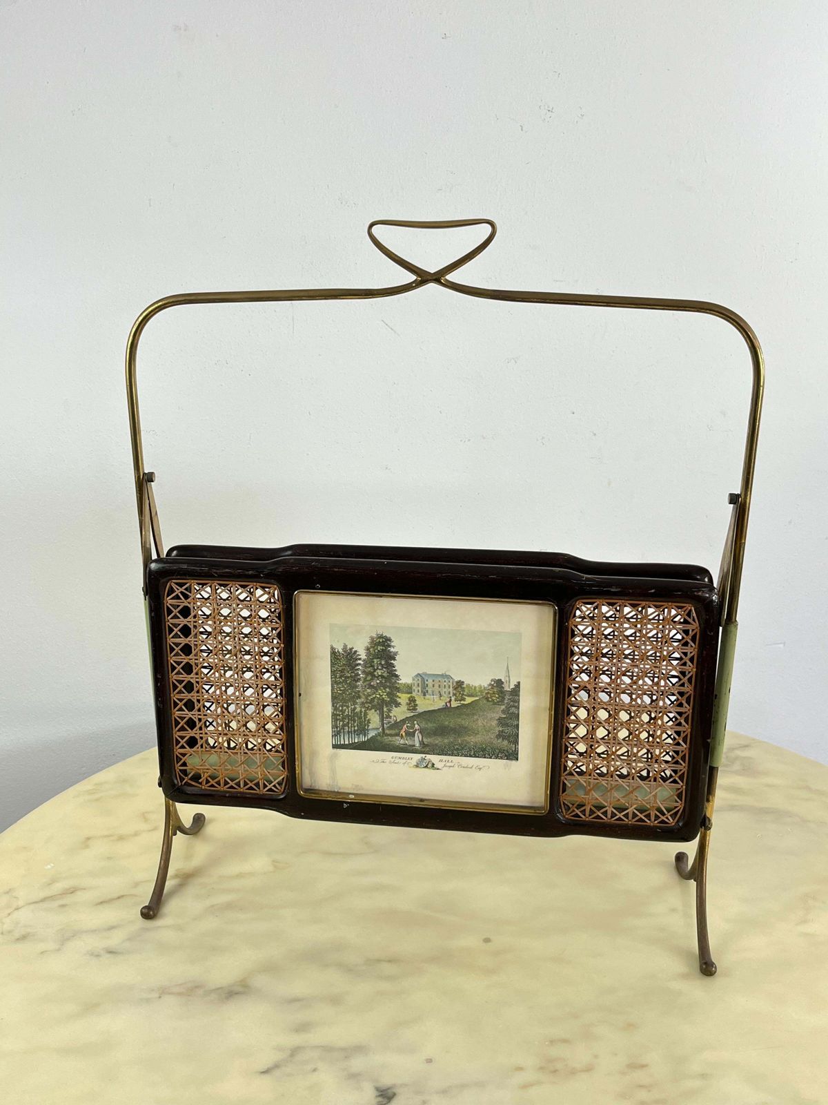 Mid Century Folding Magazine Rack In Brass, Wood And Vienna Straw, 1940s photo furniture