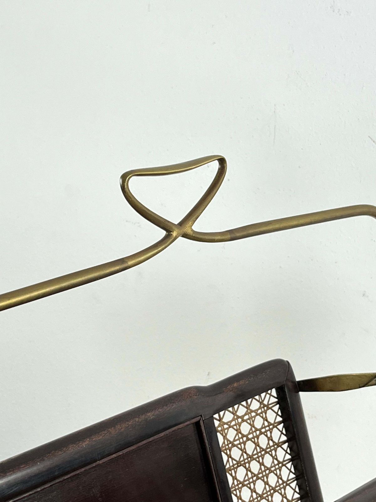 Mid Century Folding Magazine Rack In Brass, Wood And Vienna Straw, 1940s photo for sale