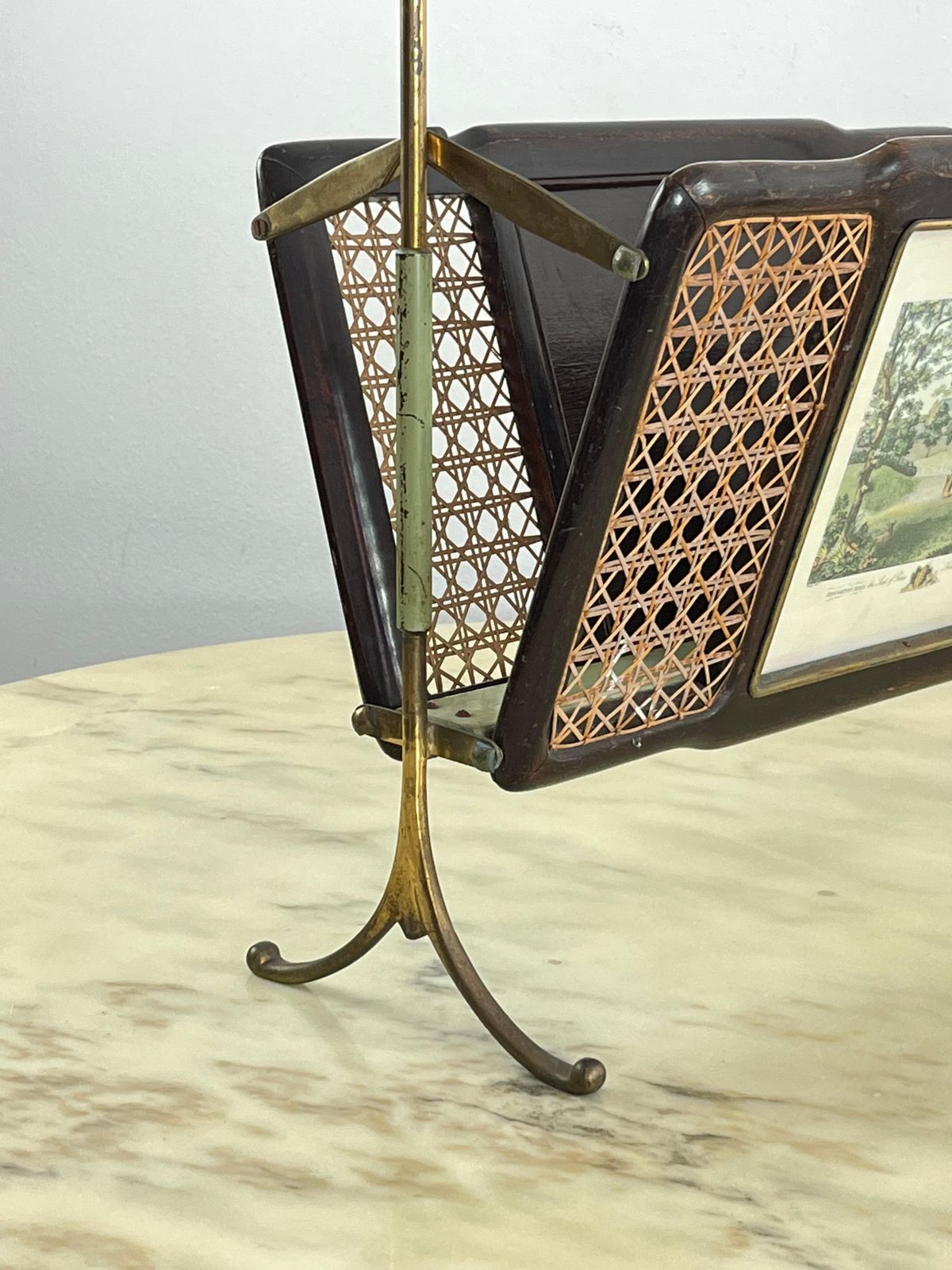 Mid Century Folding Magazine Rack In Brass, Wood And Vienna Straw, 1940s photo Home Decor