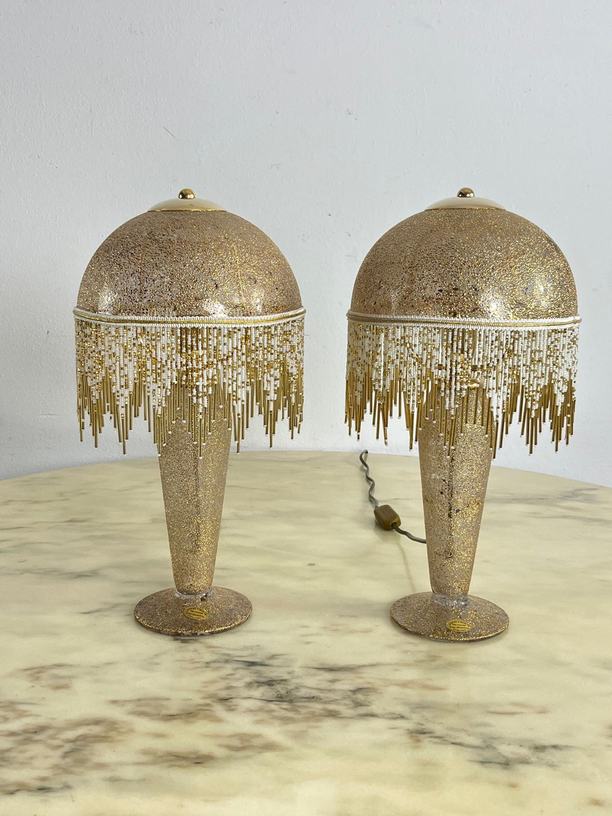 Set Of 2 Table Lamps In Mouth Blown Glass And Hand Decorated With Pure Gold 1980 photo buy