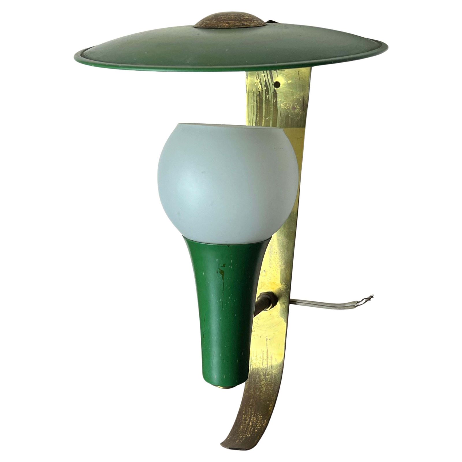 Italian Wall Lamp In Brass And Green Aluminium, Opaline Glass Bowl, 1950s