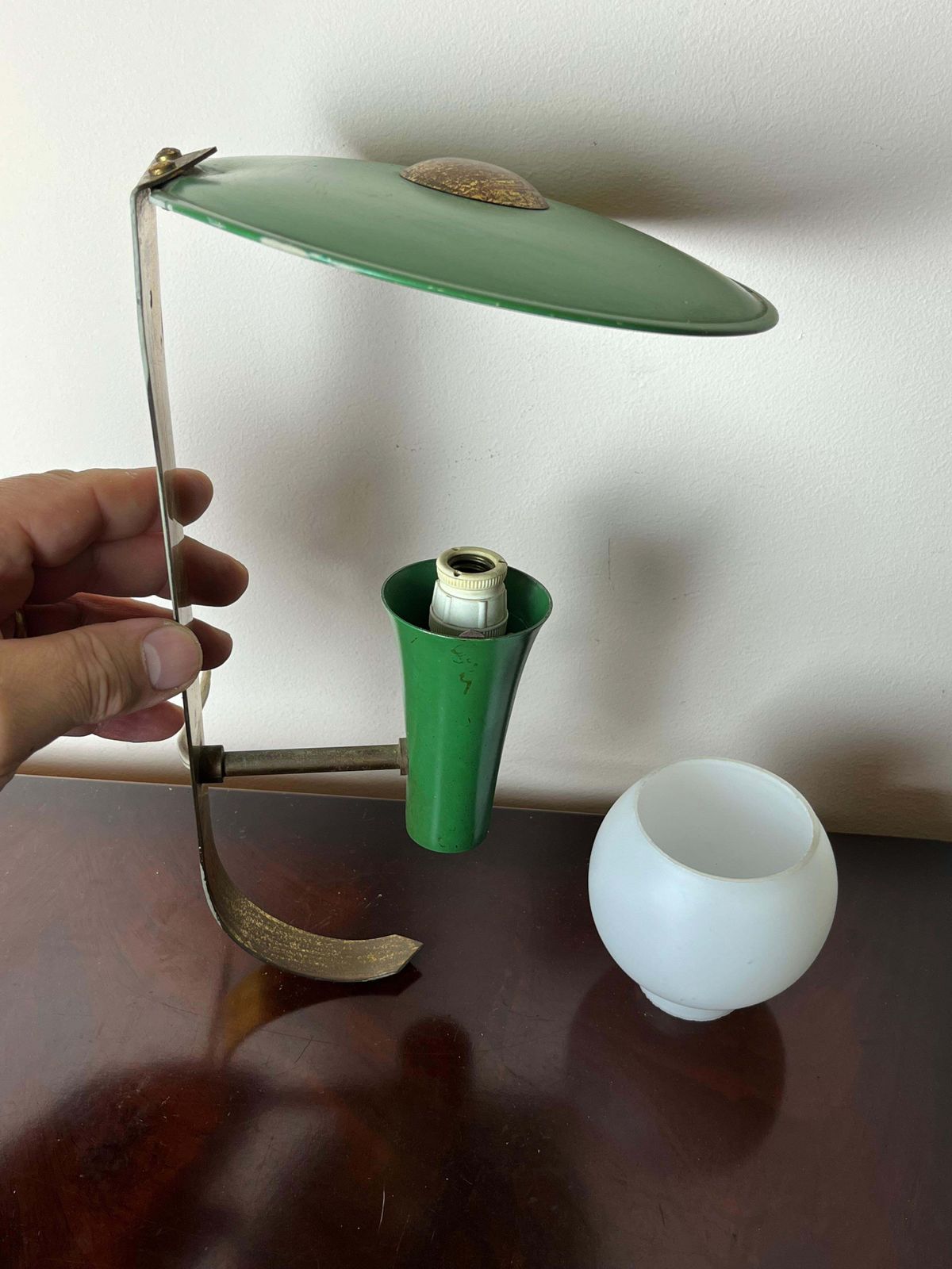 Italian Wall Lamp In Brass And Green Aluminium, Opaline Glass Bowl, 1950s photo for sale