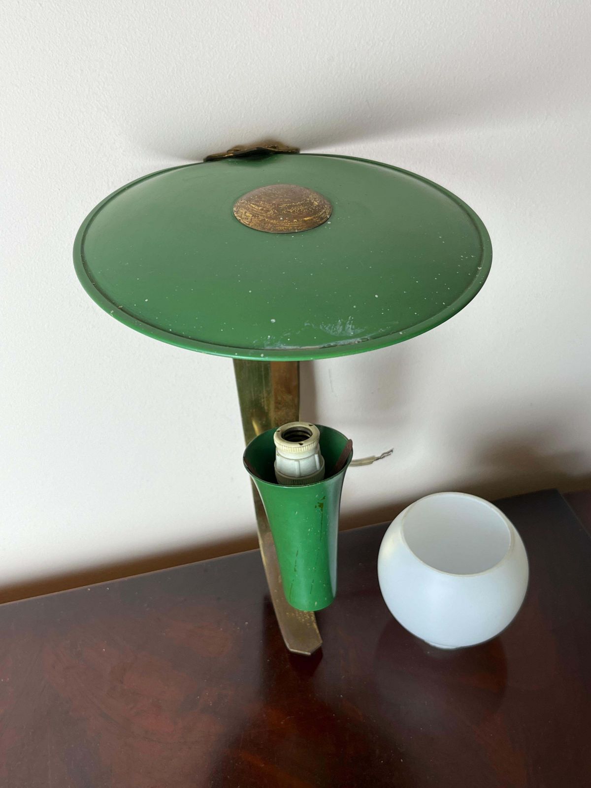 Italian Wall Lamp In Brass And Green Aluminium, Opaline Glass Bowl, 1950s photo vinterior