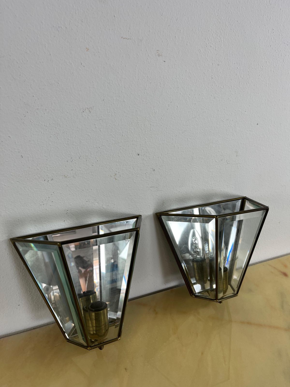 Set Of 2 Mid Century Brass Glass Mirror Wall Lamps, Made In Italy 1950s photo buy