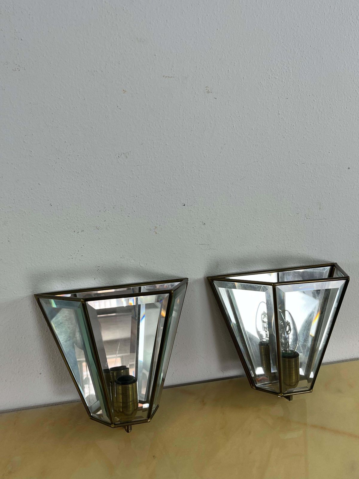 Lighting Set Of 2 Mid Century Brass Glass Mirror Wall Lamps, Made In Italy 1950s photo