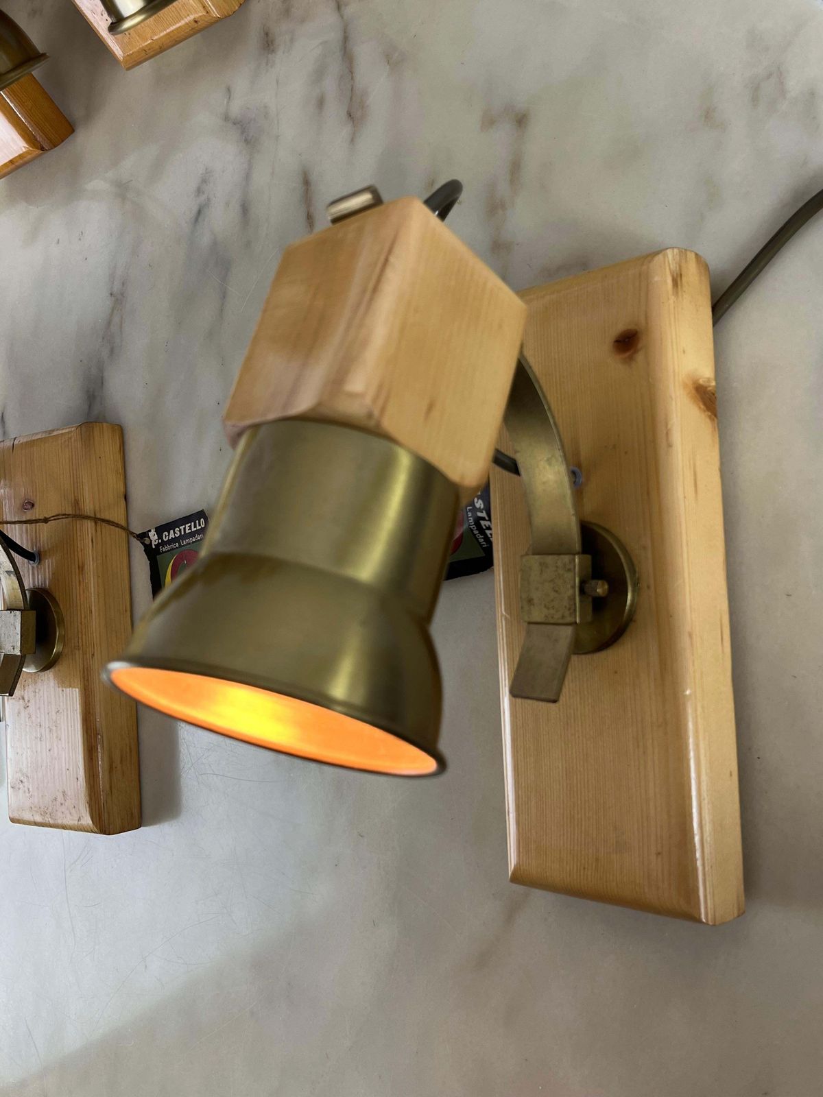 Set Of 7 Mid Century Wood And Brass Wall Lamps Italian Design 1960s photo for sale