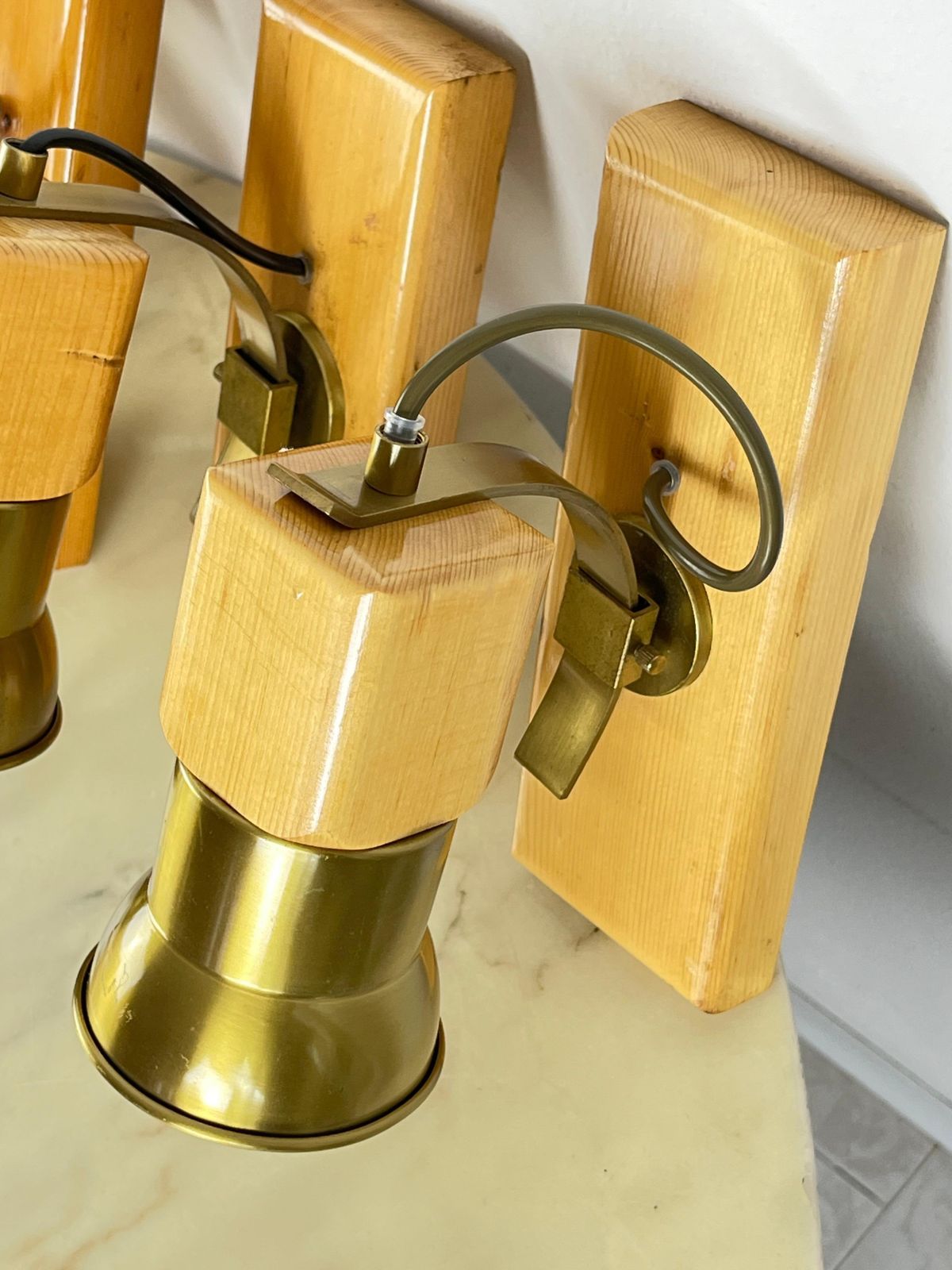 Set Of 7 Mid Century Wood And Brass Wall Lamps Italian Design 1960s photo buy