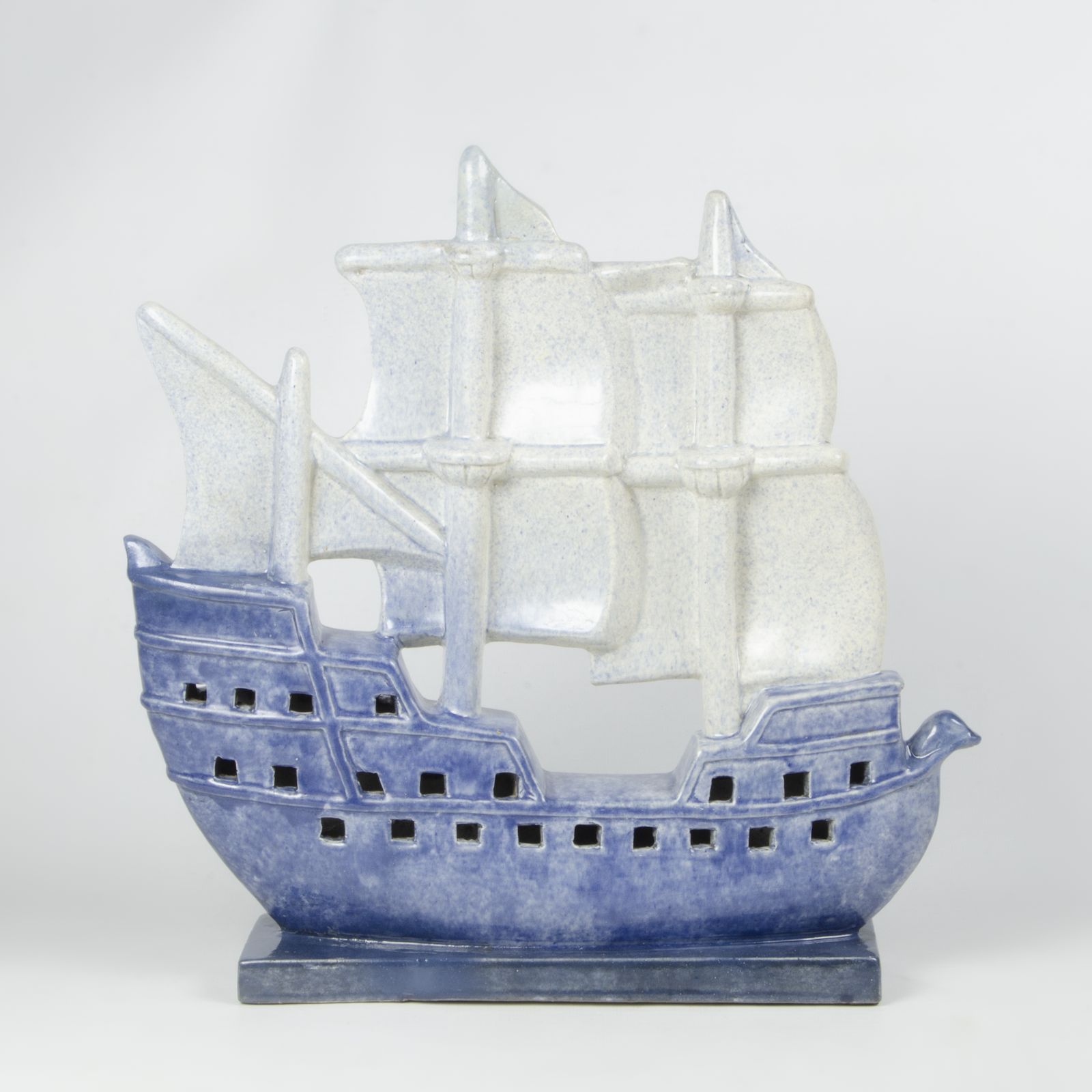 Early 20th Century Art Déco French Enameled Blue Ceramic Sculpture Of A Sailing Ship Signed By M. Coulon For Edition Kaza photo buy