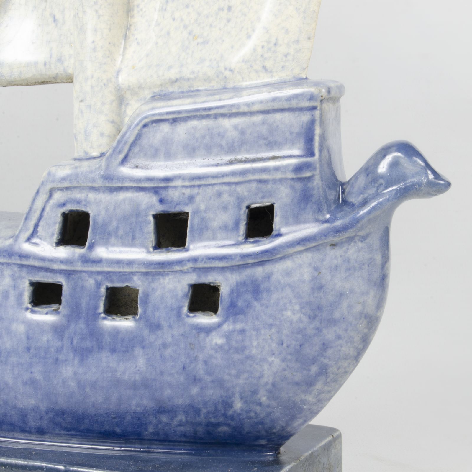 Early 20th Century Art Déco French Enameled Blue Ceramic Sculpture Of A Sailing Ship Signed By M. Coulon For Edition Kaza photo vintage