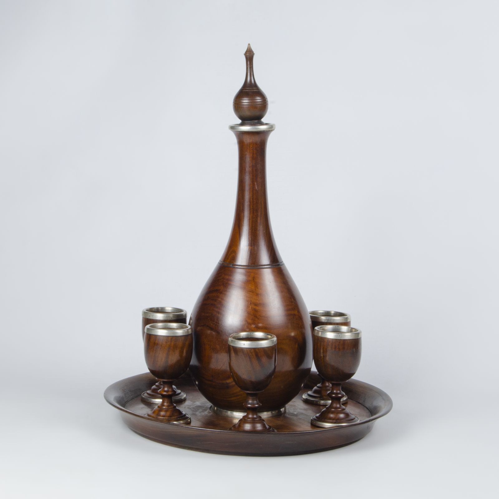 Late 19th Century German Wood And Silver Decanter Set With Tray And Six Glasses By The Company Gebrüder Kühn