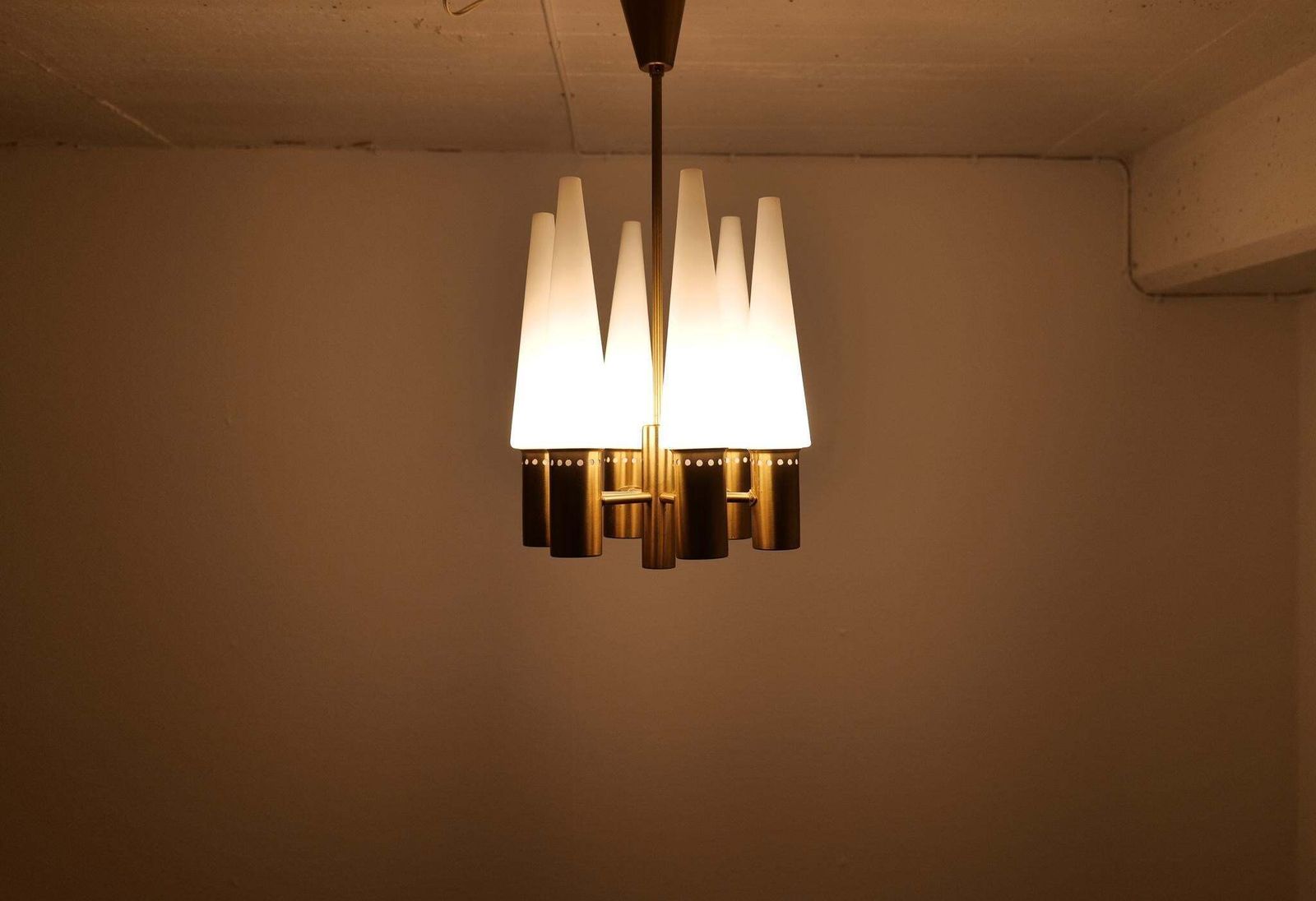 Midcentury Hans Agne Jakobsson Brass And Opaline Ceiling Lamp, Sweden, 1950s photo for sale