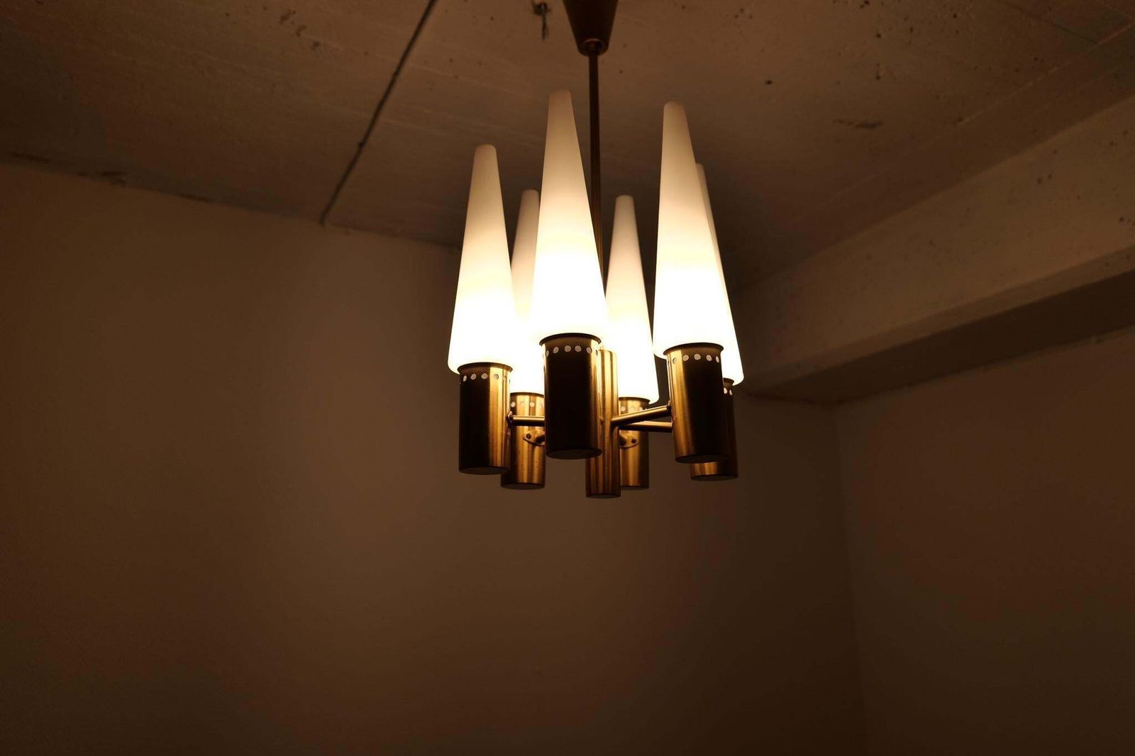Midcentury Hans Agne Jakobsson Brass And Opaline Ceiling Lamp, Sweden, 1950s photo 1873.0
