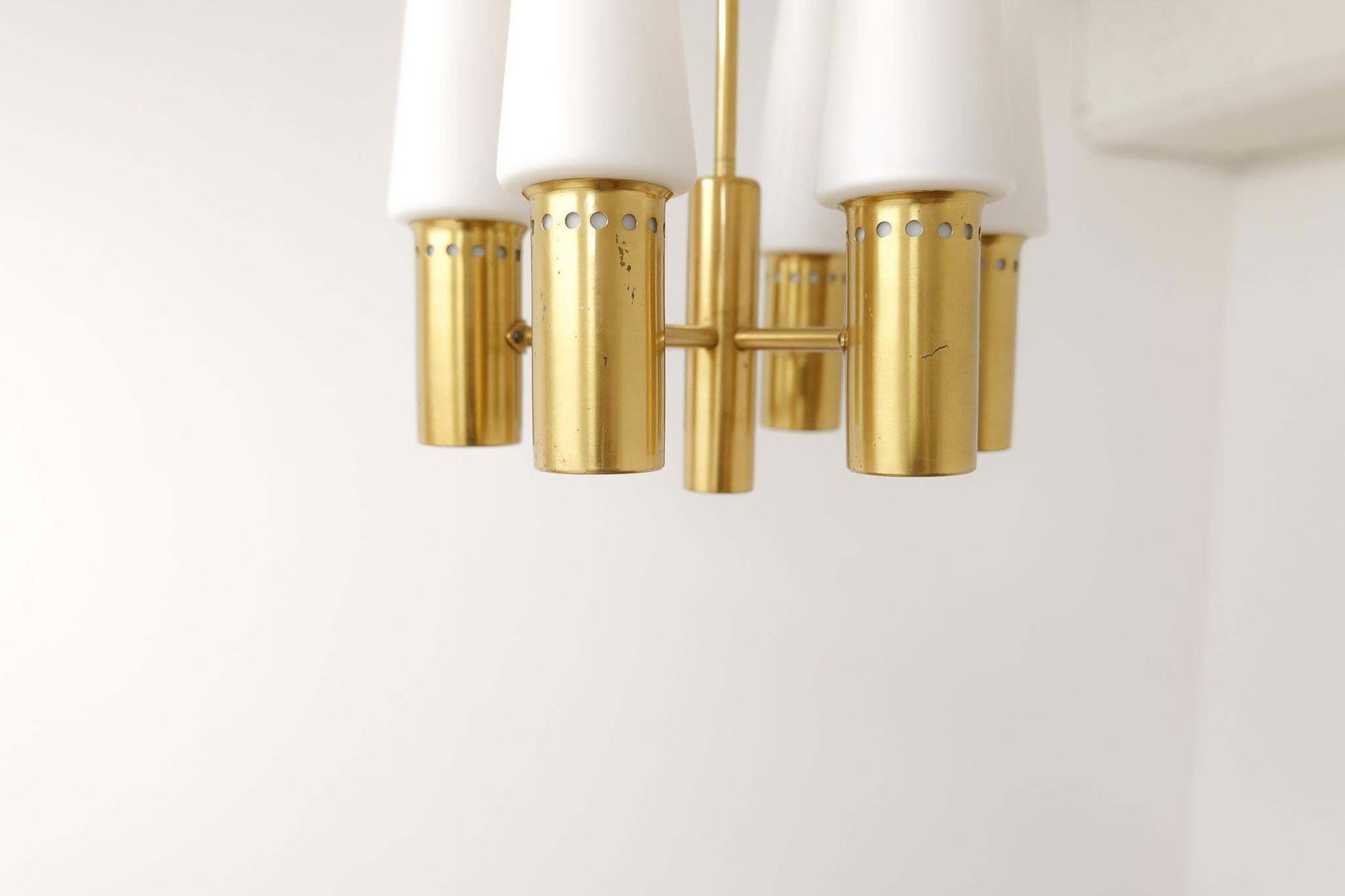 Midcentury Hans Agne Jakobsson Brass And Opaline Ceiling Lamp, Sweden, 1950s photo vintage